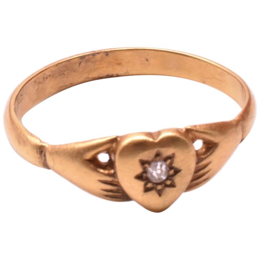 Antique Hands and Heart Ring with Star Diamond