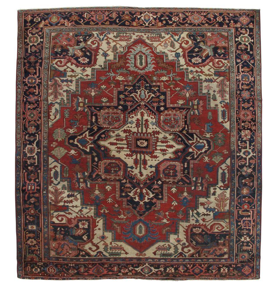 Hand-Knotted Antique Handsome Serapi Carpet, Handmade Wool Carpet Red Navy, Light Blue, Ivory For Sale