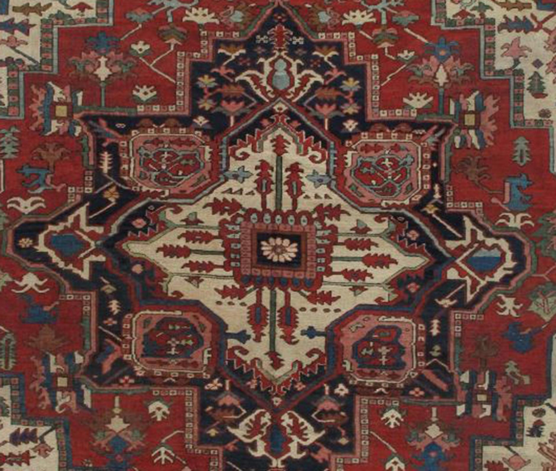 Antique Handsome Serapi Carpet, Handmade Wool Carpet Red Navy, Light Blue, Ivory In Good Condition For Sale In Port Washington, NY
