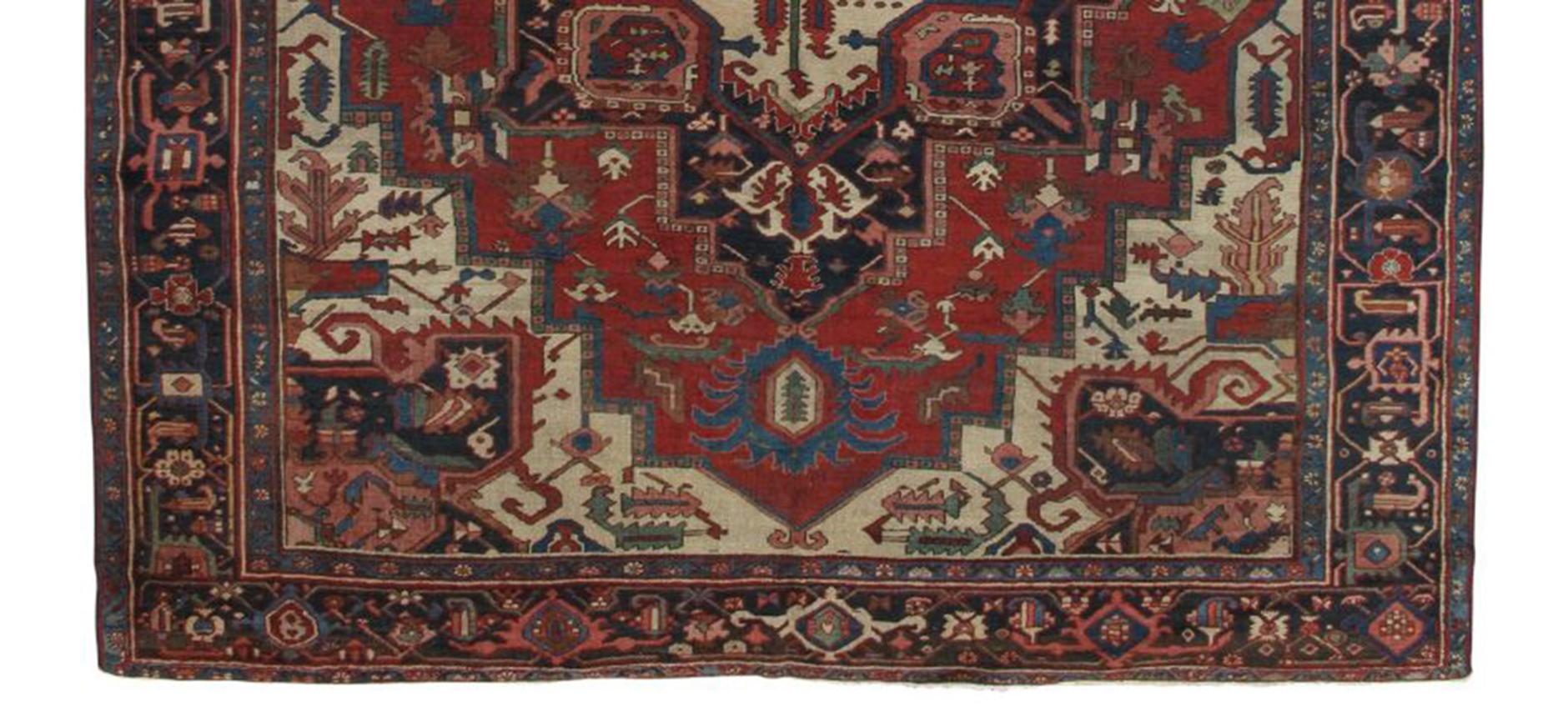 19th Century Antique Handsome Serapi Carpet, Handmade Wool Carpet Red Navy, Light Blue, Ivory For Sale