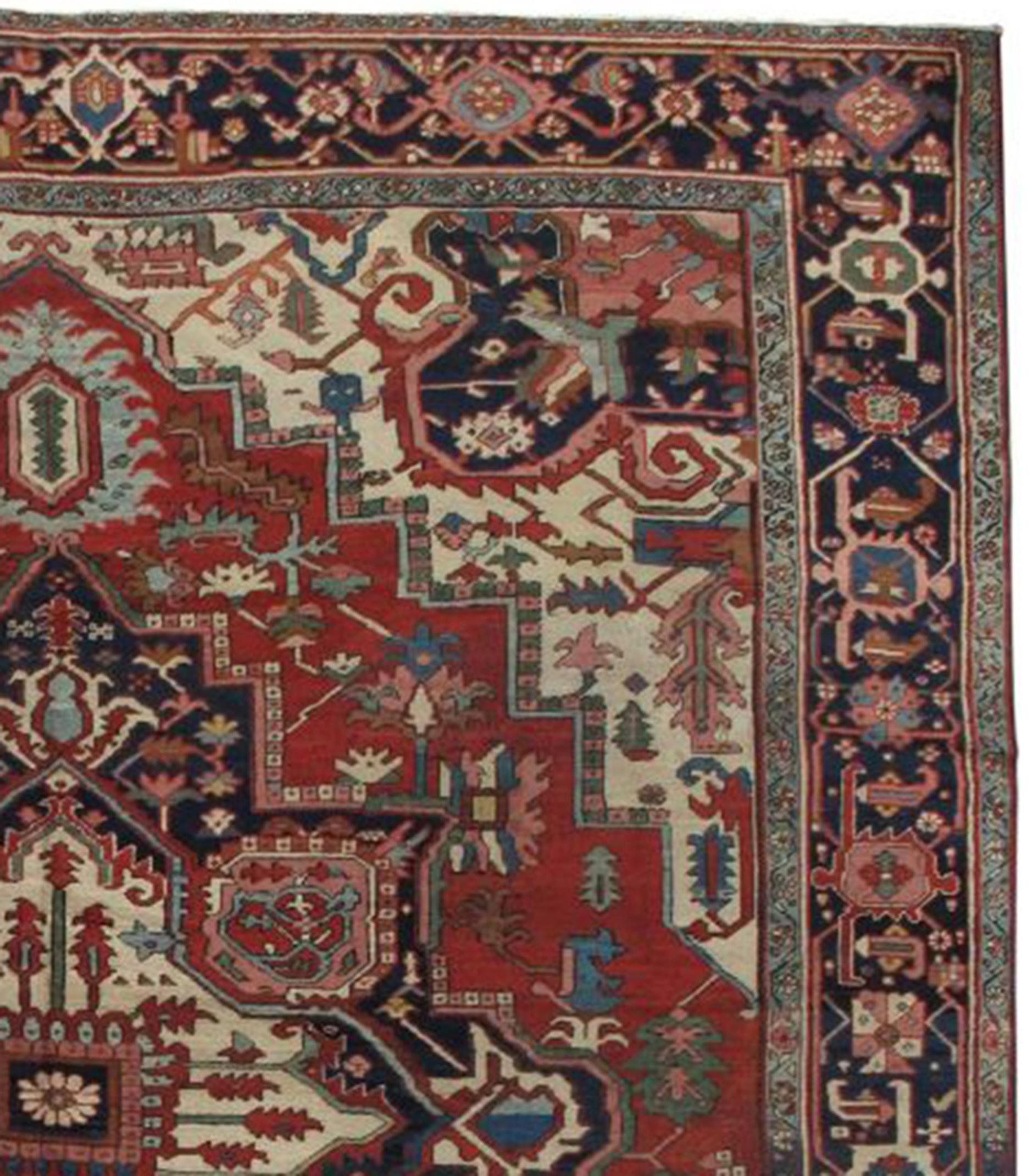 Antique Handsome Serapi Carpet, Handmade Wool Carpet Red Navy, Light Blue, Ivory For Sale 1