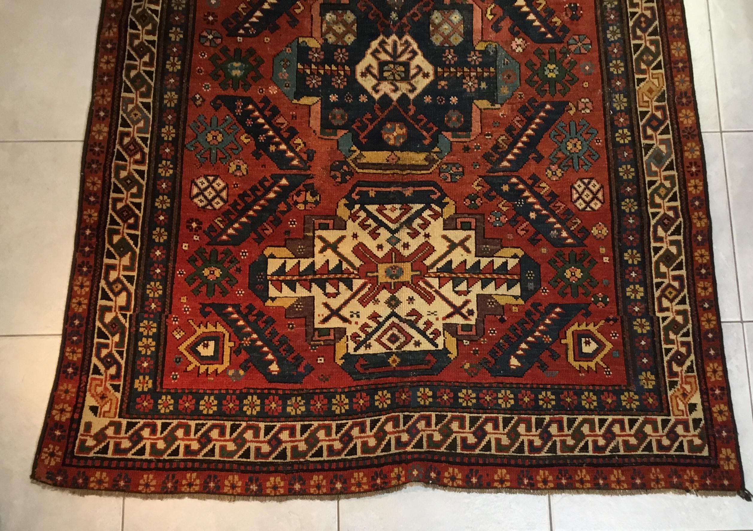 Wool Antique Handwoven Caucasian Rug For Sale