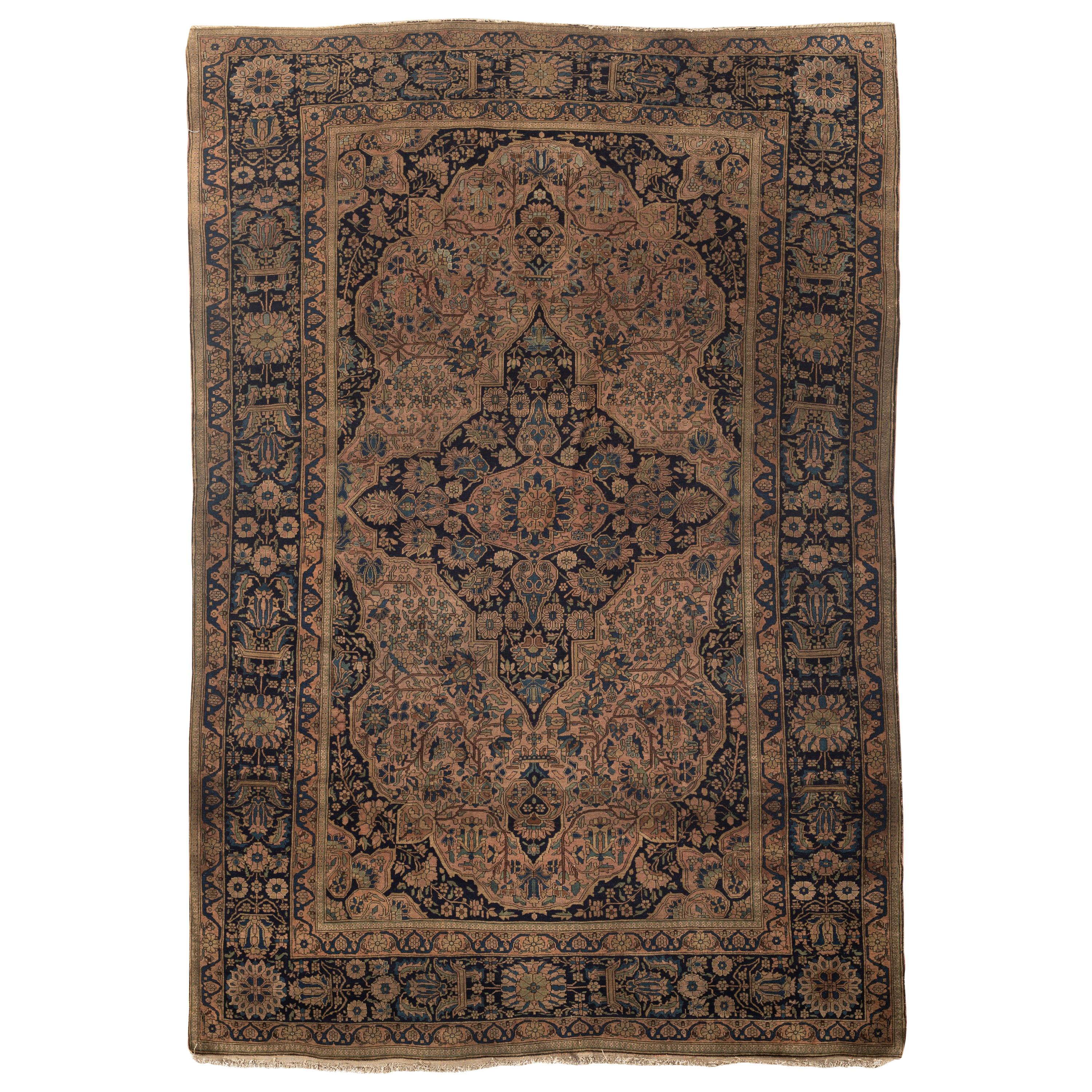 Antico tappeto di lusso Kashan Mohtashem Rose / Navy tessuto a mano, circa 1880 in vendita