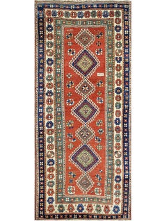 Antiker handgewebter, luxuriöser Kazak-Woll-Läufer in Rot / Elfenbein 4'4" x 9'