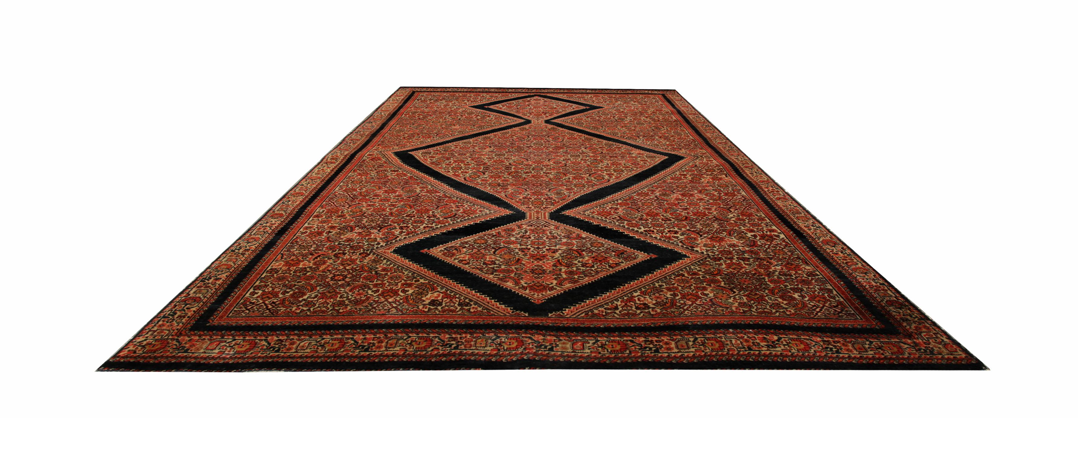 Caucasian Antique Handwoven Oriental Wool Area Rug Rust Geometric Carpet For Sale