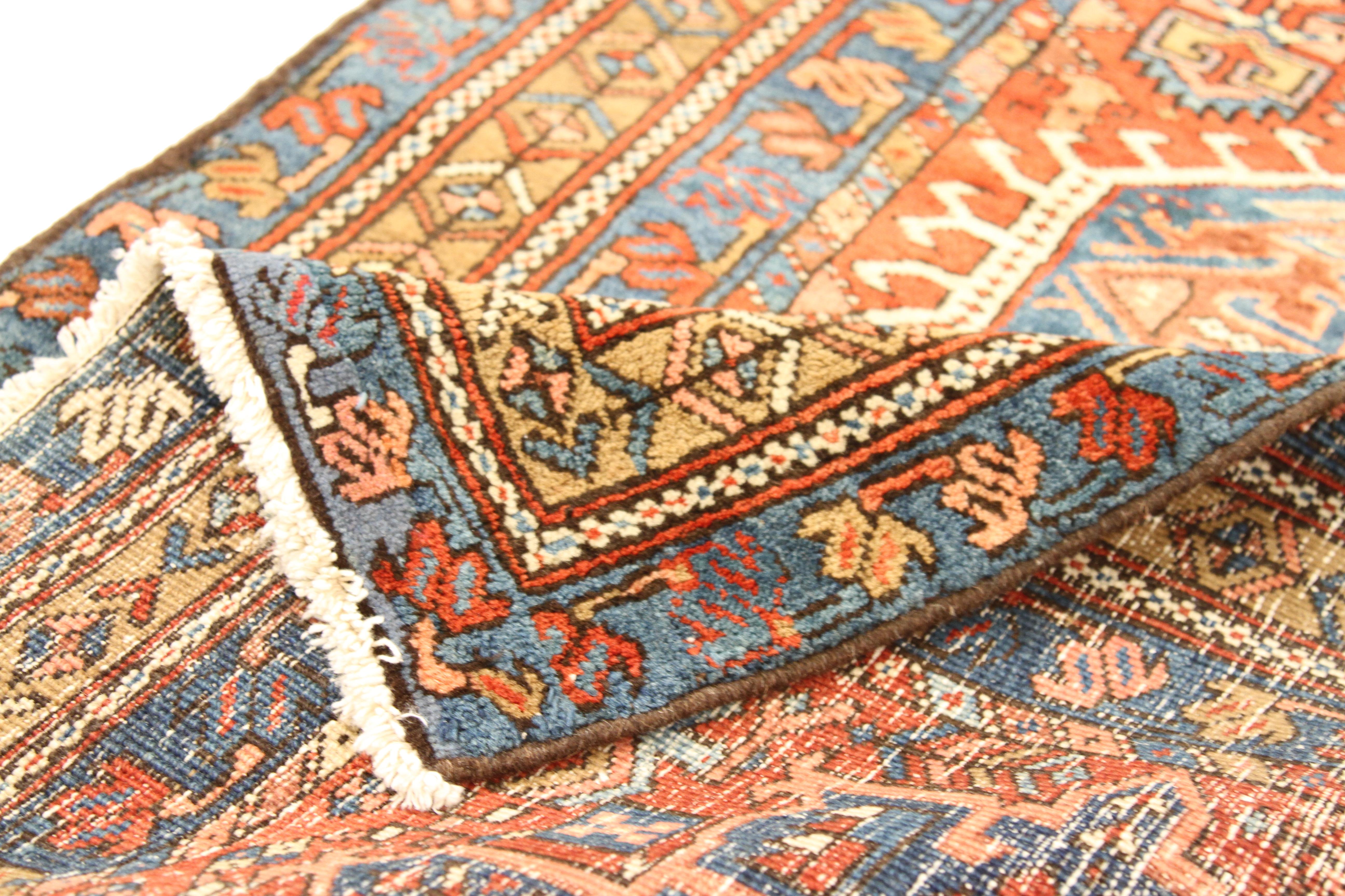 Hand-Woven Antique Handwoven Persian Runner Rug Heriz Design For Sale