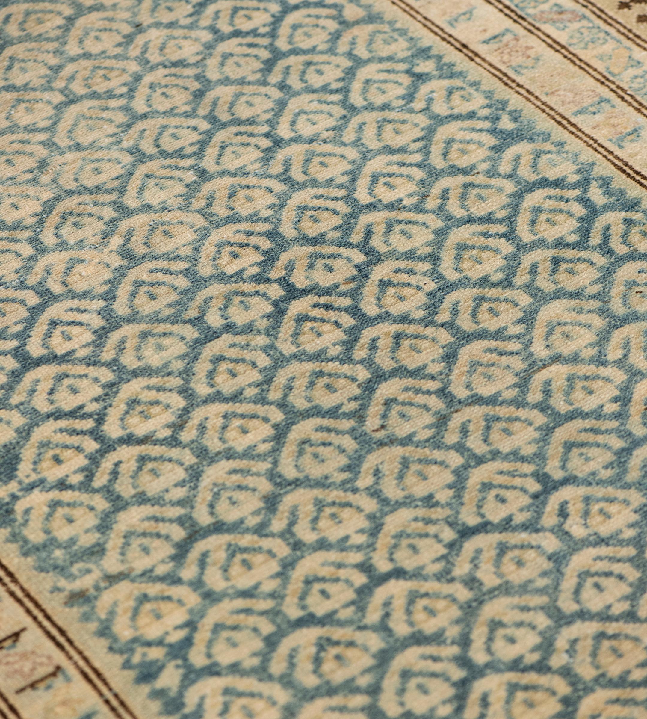 Antique Handwoven Sea-Blue Wool Boteh Persian Malayer Runner For Sale 1
