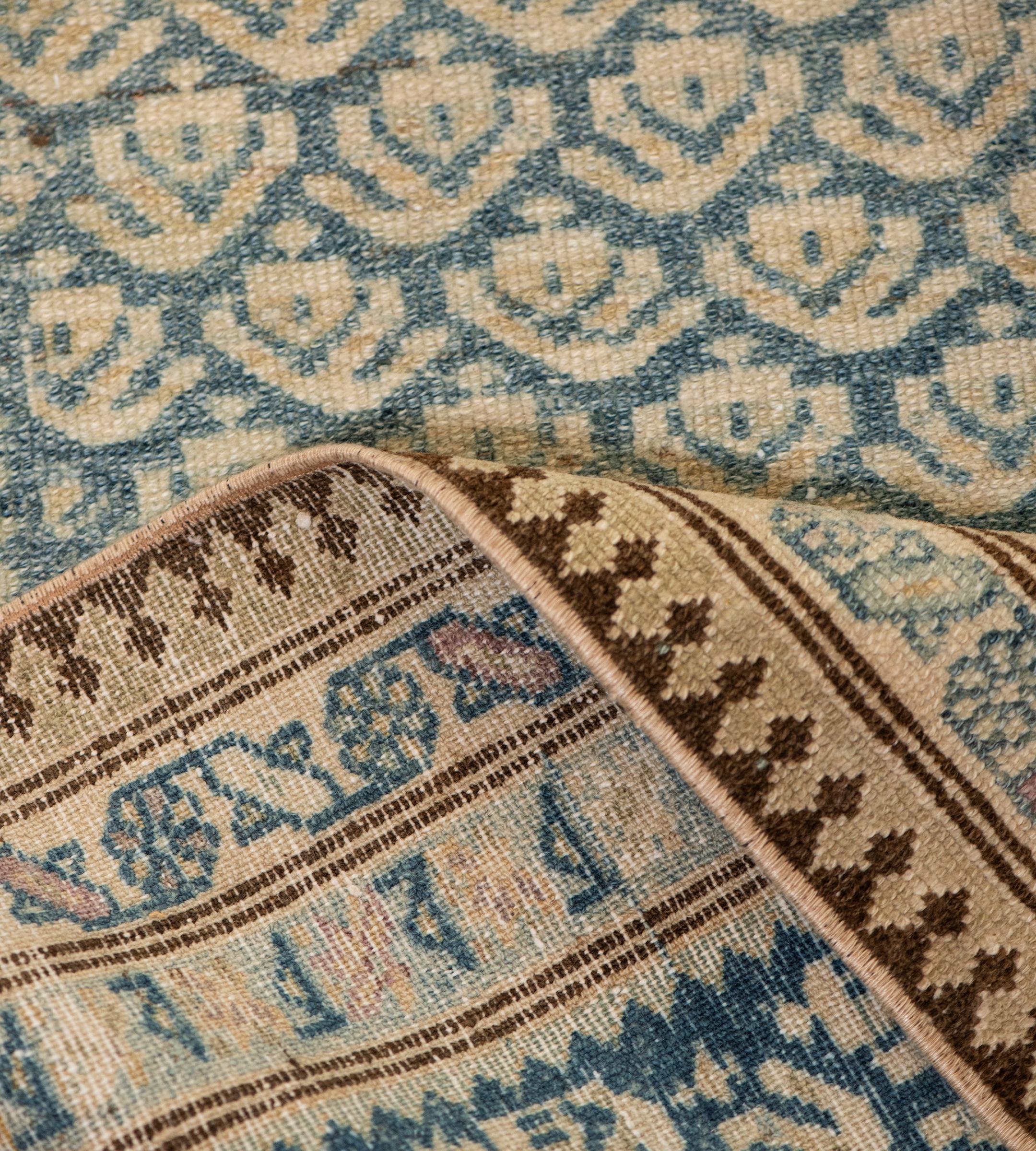 Antique Handwoven Sea-Blue Wool Boteh Persian Malayer Runner For Sale 2