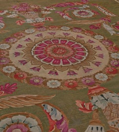 Antique Handwoven Wool Green Floral French Aubusson Rug