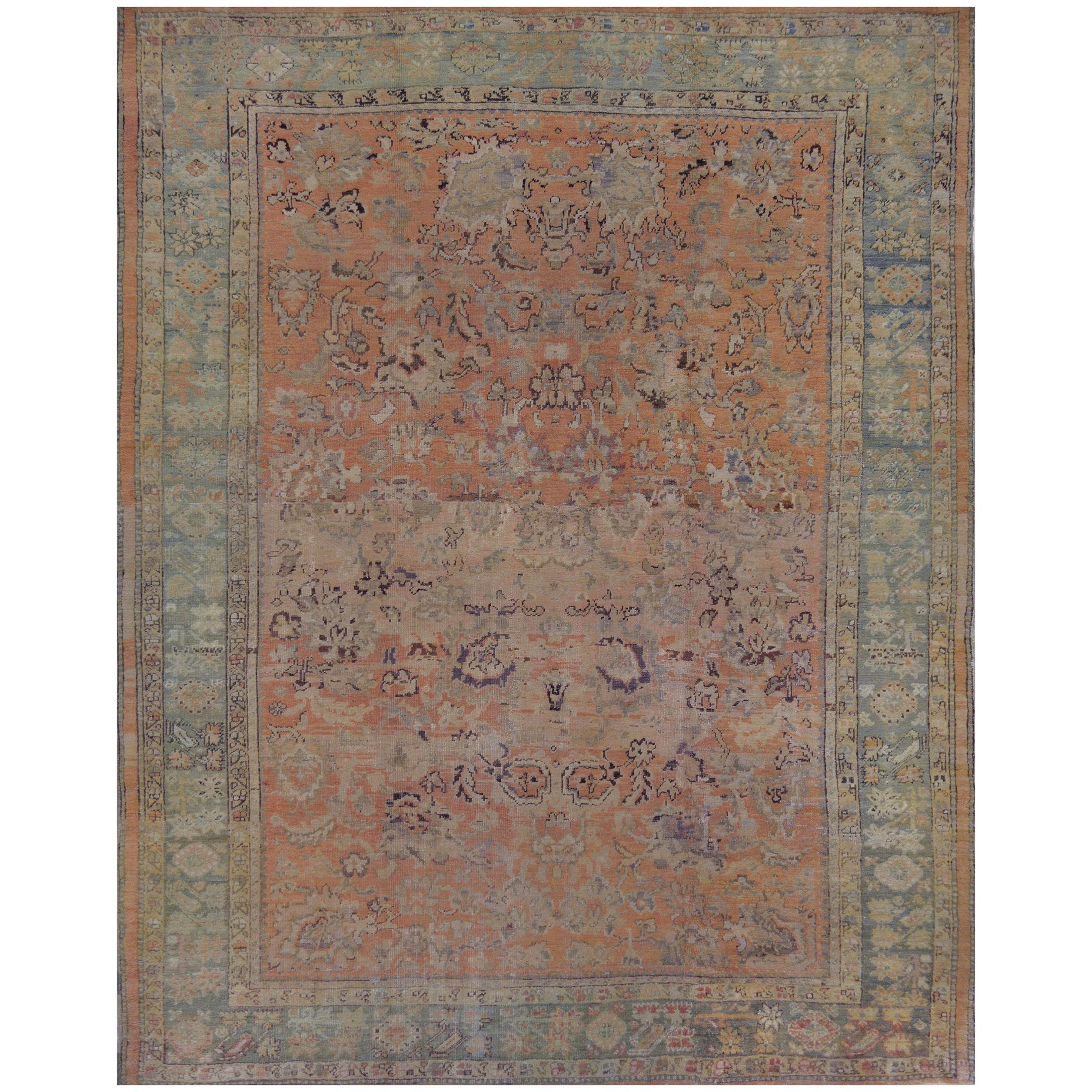 Antique Handwoven Wool Oushak Rug For Sale