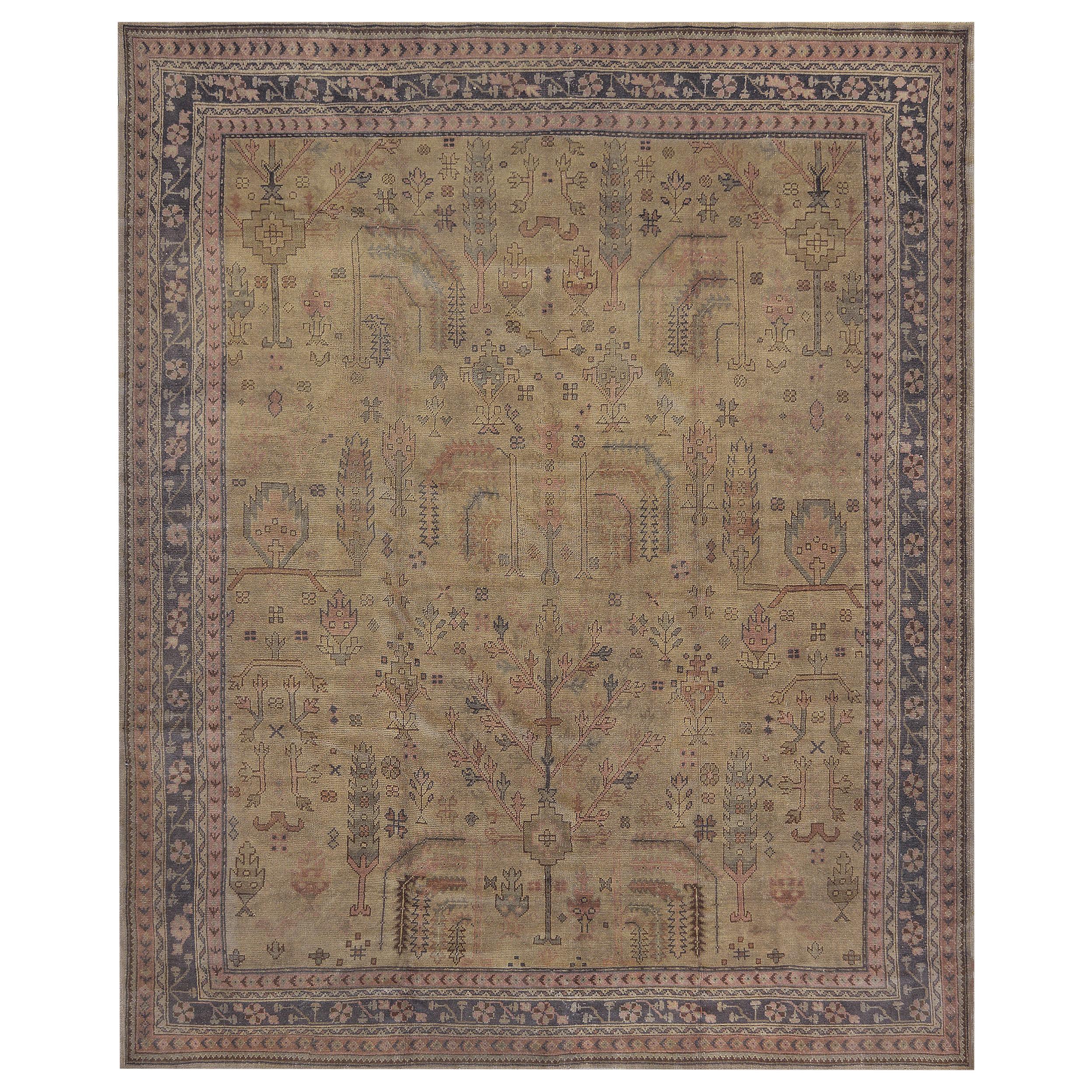 Antique Handwoven Wool Oushak Rug For Sale
