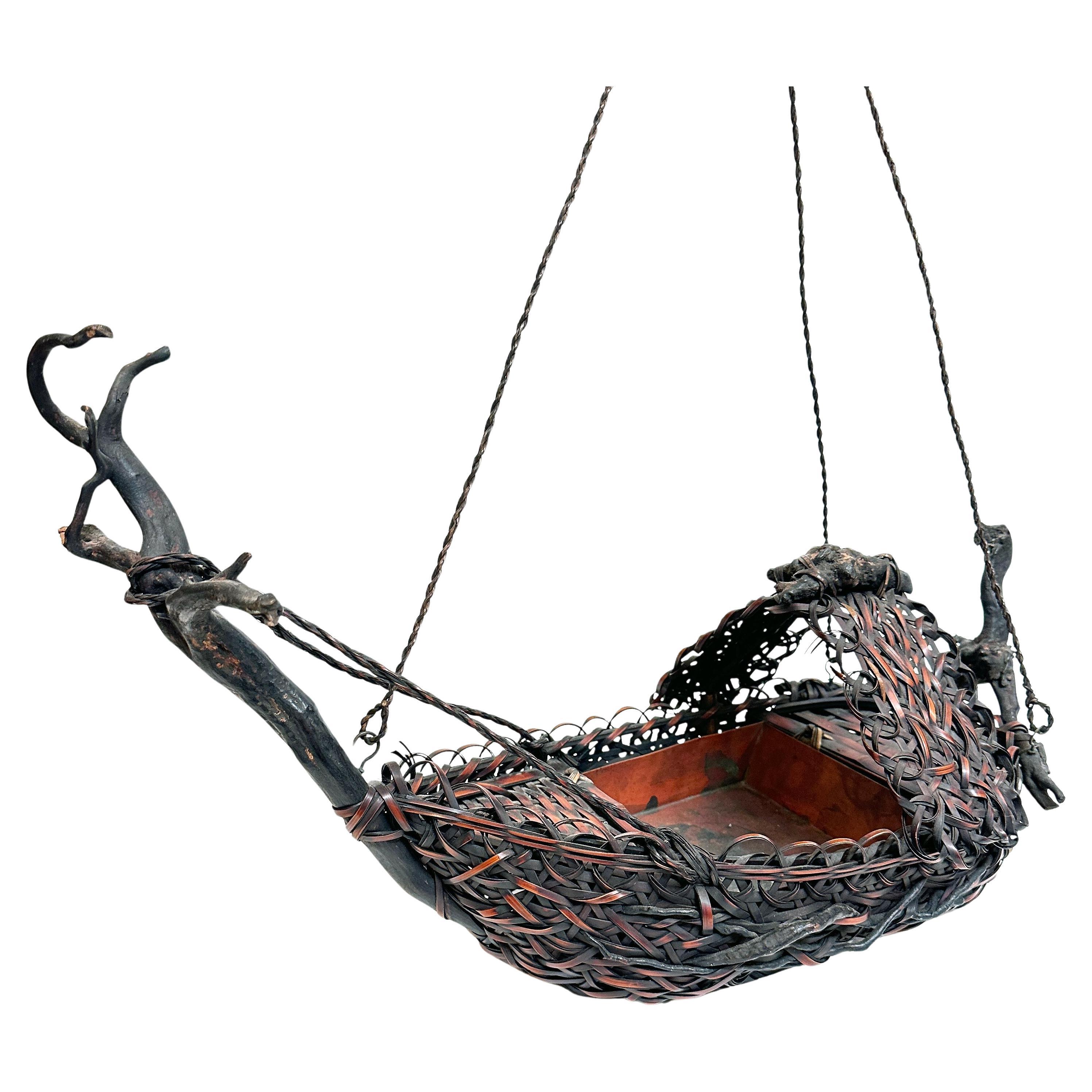 Antico cesto Ikebana da barca appeso, bambù, giapponese