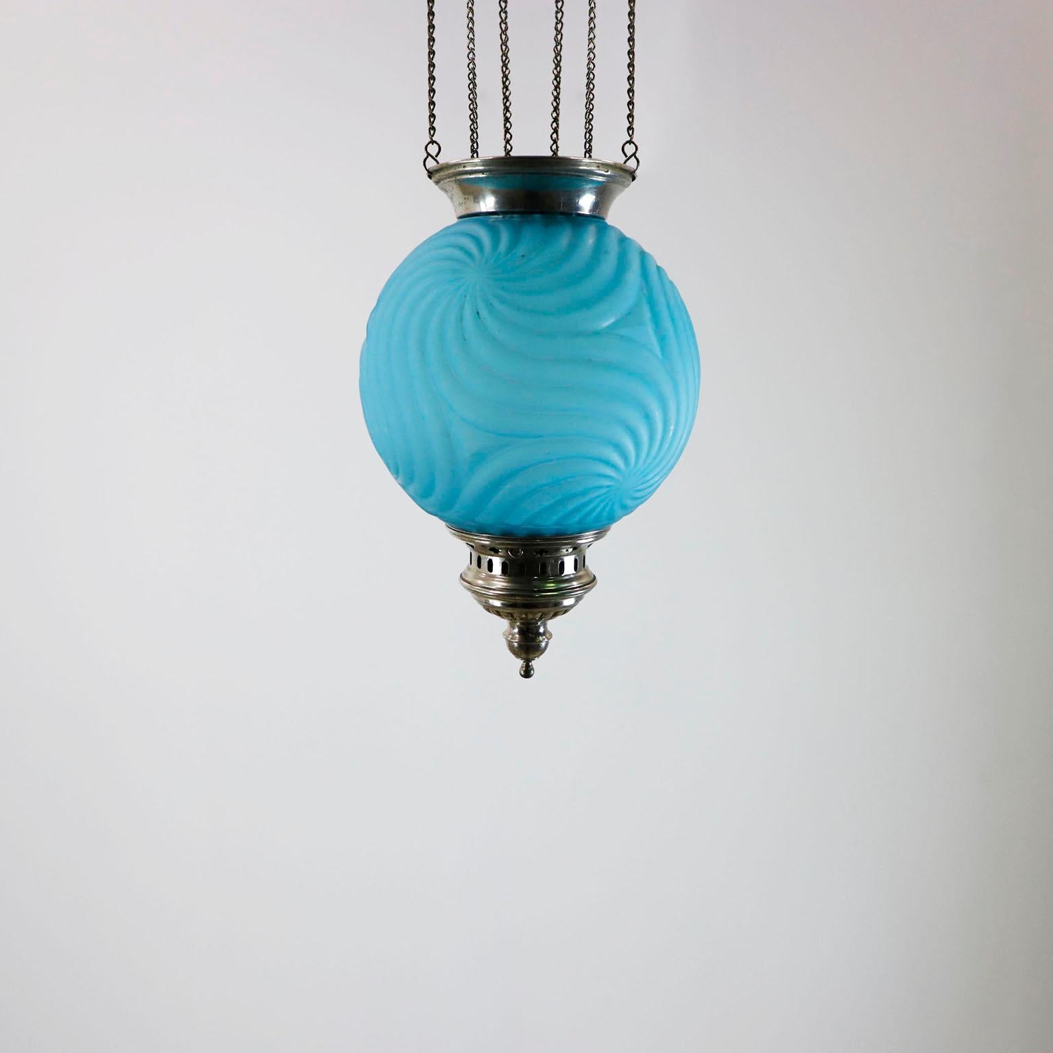 Antiguo Farol Colgante para Velas en Raro Color Azul Mexicano en venta