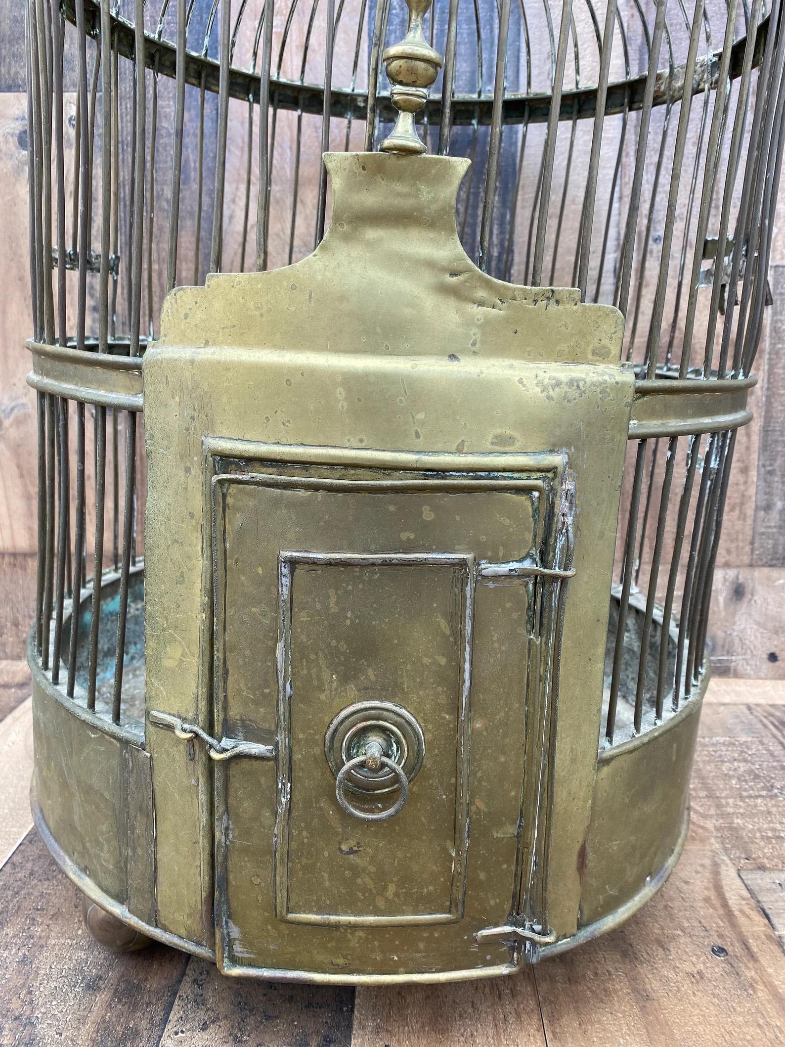 20th Century Antique Hanging Chinese Birdcage with Brass Patina For Sale