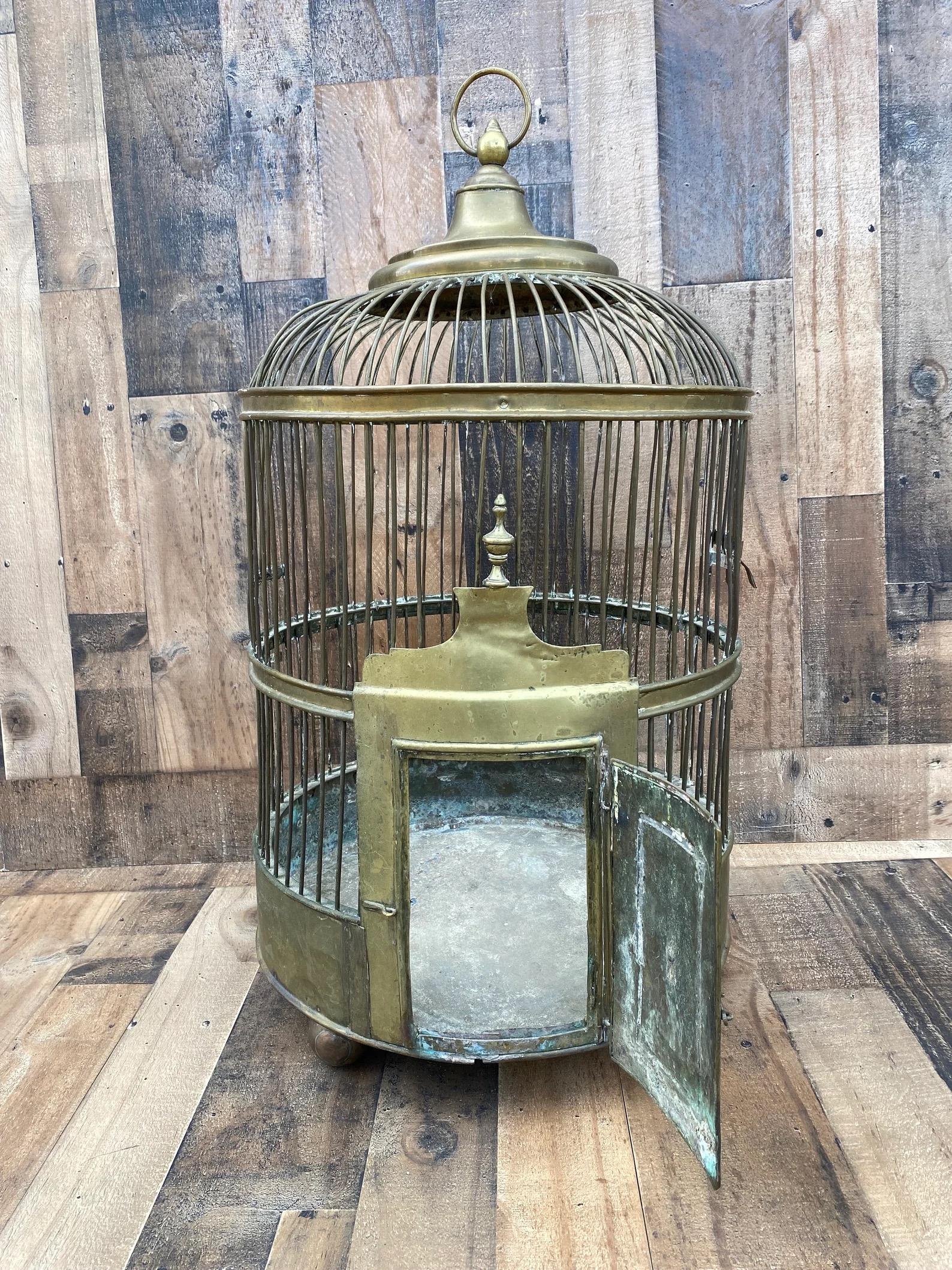 Metal Antique Hanging Chinese Birdcage with Brass Patina For Sale
