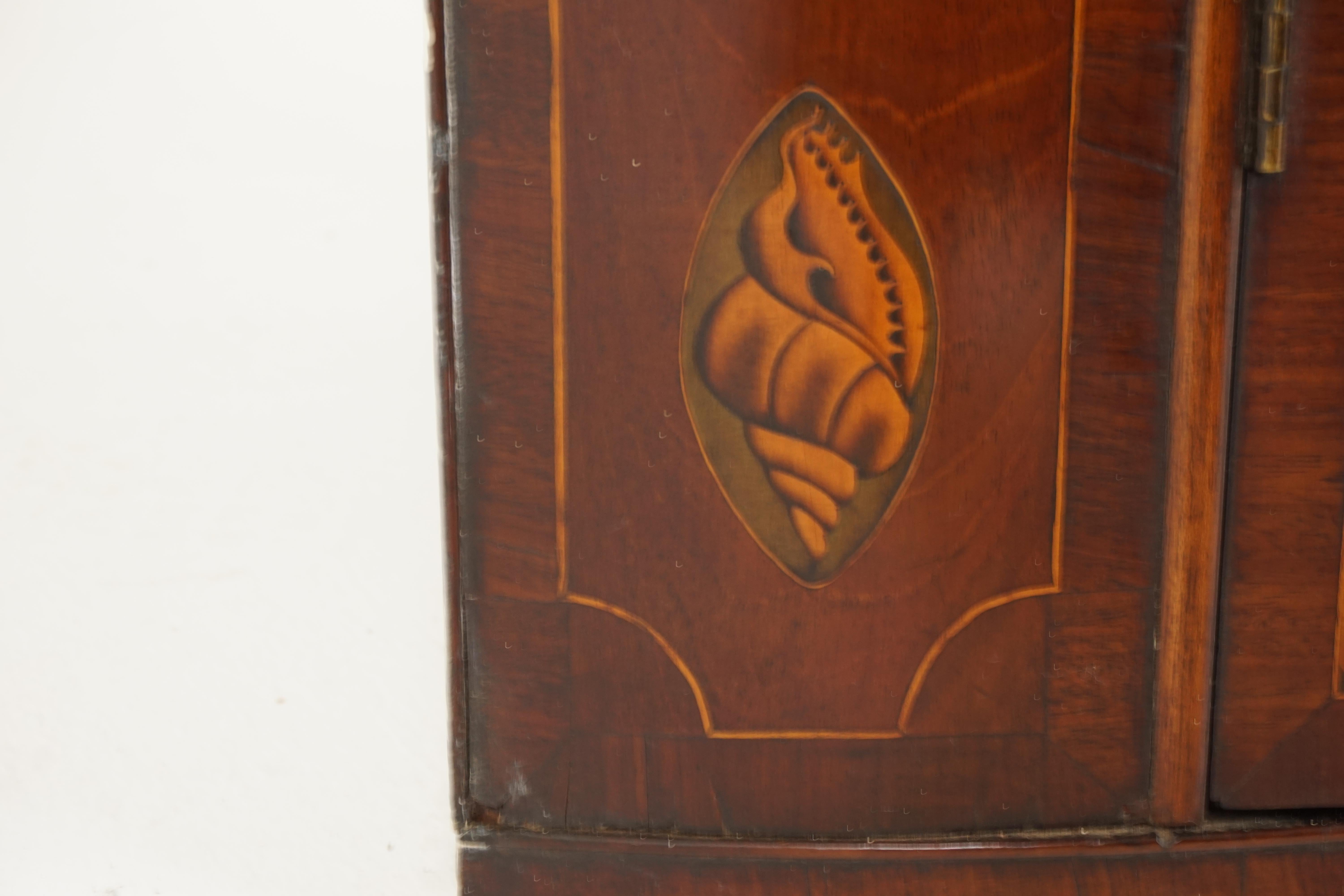 Antique Hanging Corner Cabinet, Inlaid Walnut, Bow Front, Scotland 1810, H138 In Good Condition In Vancouver, BC