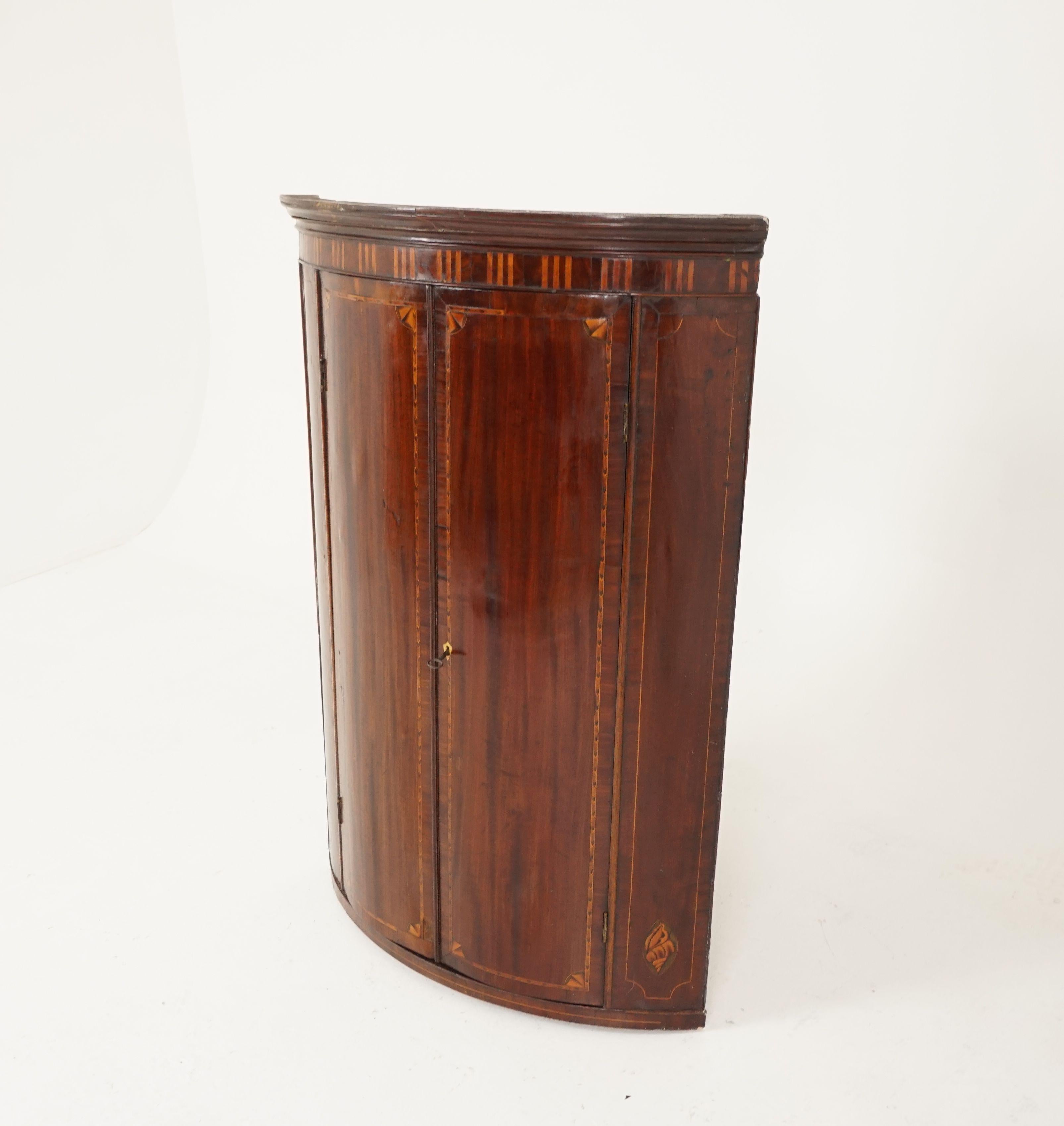 Early 19th Century Antique Hanging Corner Cabinet, Inlaid Walnut, Bow Front, Scotland 1810, H138 For Sale