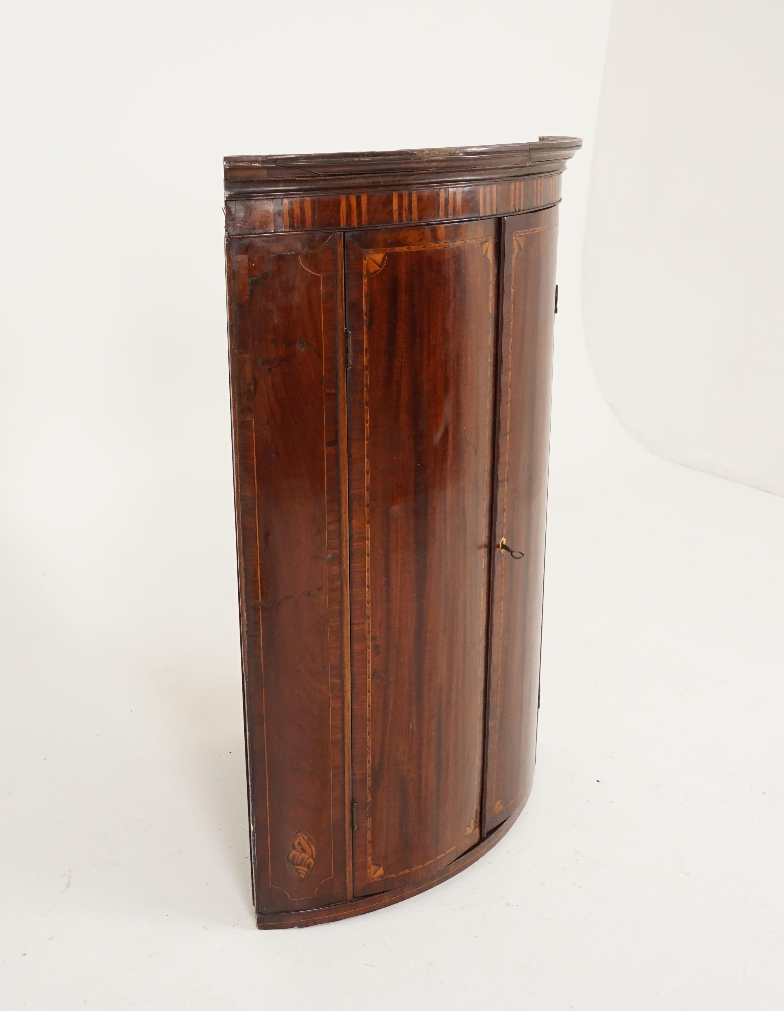 Antique Hanging Corner Cabinet, Inlaid Walnut, Bow Front, Scotland 1810, H138 For Sale 1