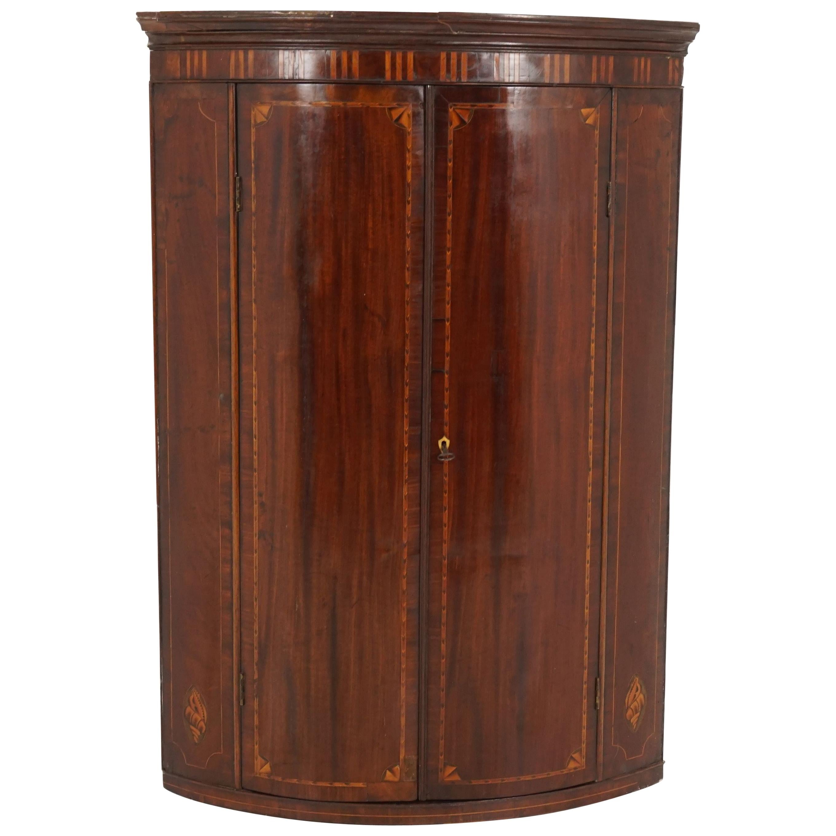 Antique Hanging Corner Cabinet, Inlaid Walnut, Bow Front, Scotland 1810, H138 For Sale