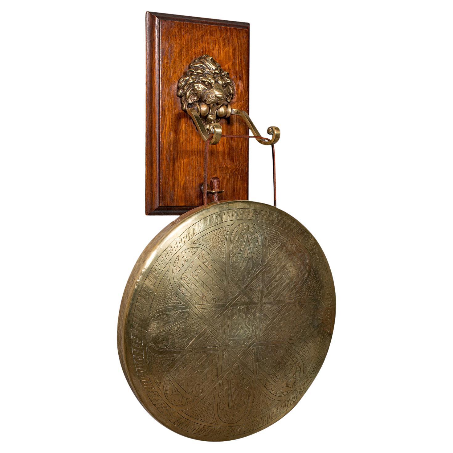 Antique Hanging Dinner Gong, English, Brass, Oak, Decorative, Victorian, C.1880