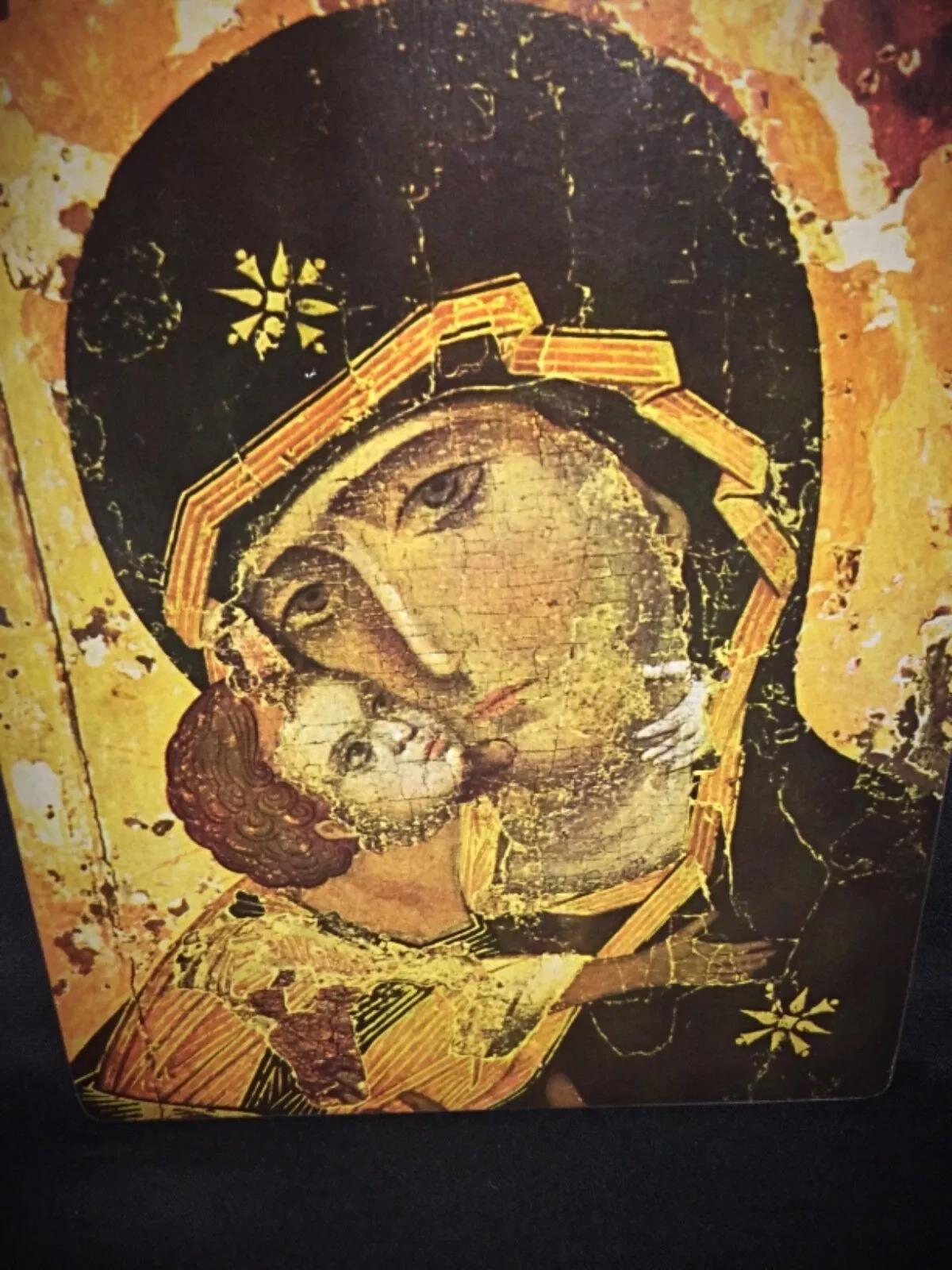 Antikes hängendes Bild der Jungfrau Wladimir - Religiöses Kunstwerk - 2Y274 im Zustand „Gut“ im Angebot in Bordeaux, FR