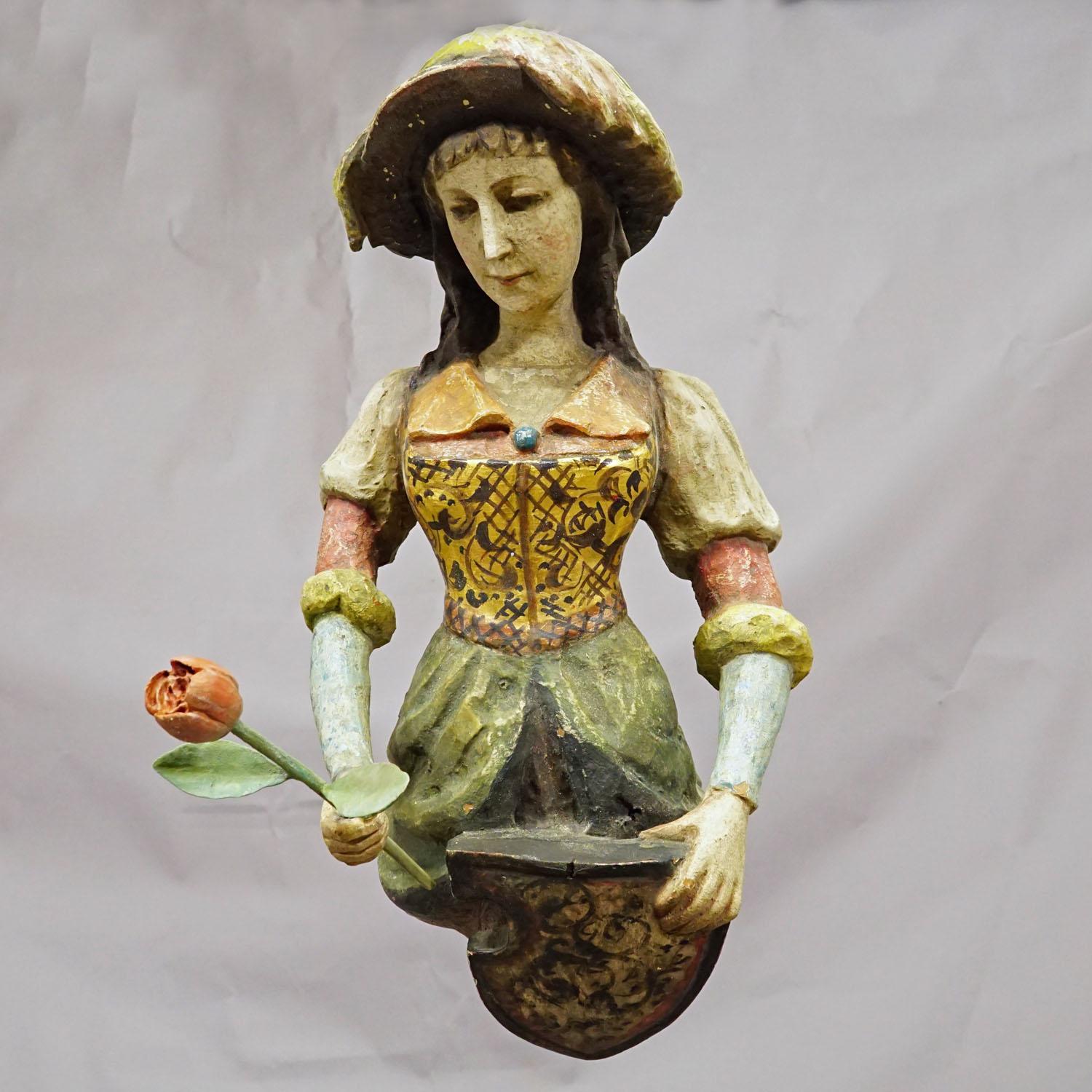 Wood Antique Hanging Piece of a Medieval Lady, circa 1900s For Sale