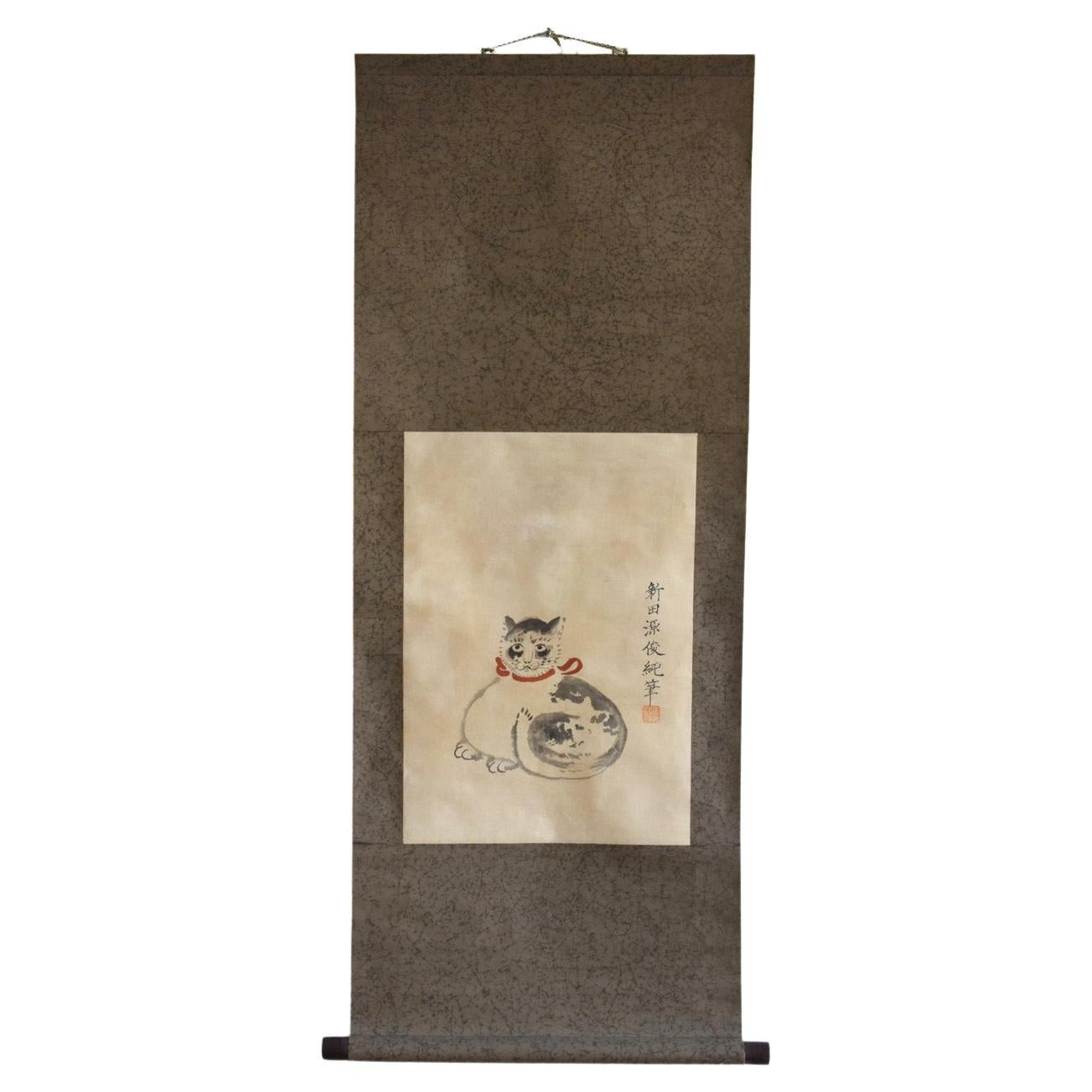 Antike hängende Schnörkel einer japanischen Katze/Gemälde aus der späten Edo-Meiji-Periode/Katze