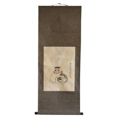 Antique hanging scroll of Japanese cat/Late Edo-Meiji period/Cat painting