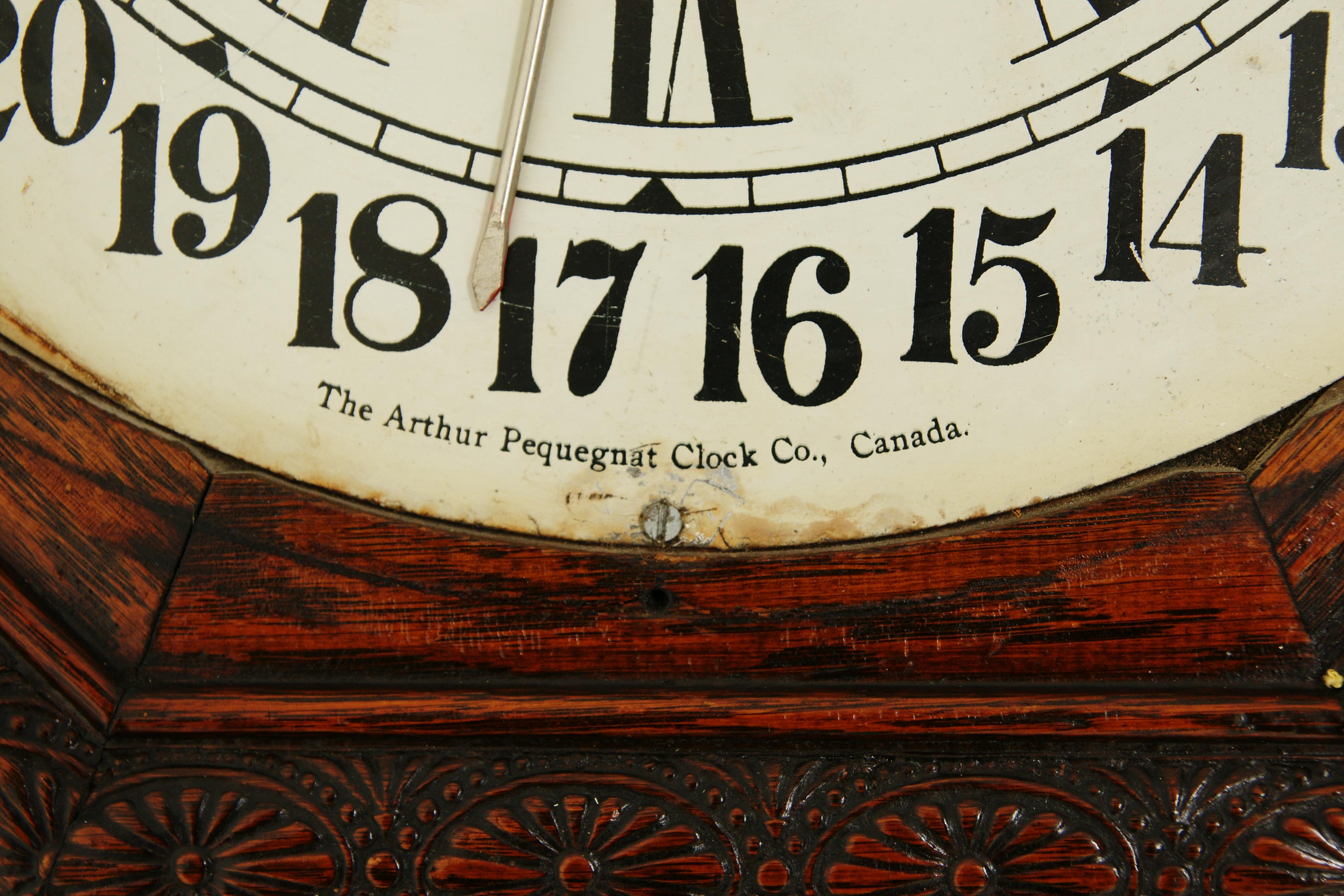 Antique Hanging Wall Clock, Eight Day, Carved Oak, Arthur Pequegnat, Canada 1910 In Excellent Condition For Sale In Vancouver, BC