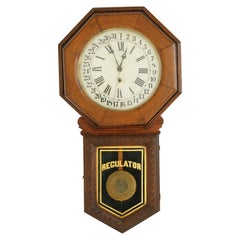 Antique Hanging Wall Clock, Eight Day, Carved Oak, Arthur Pequegnat, Canada 1910
