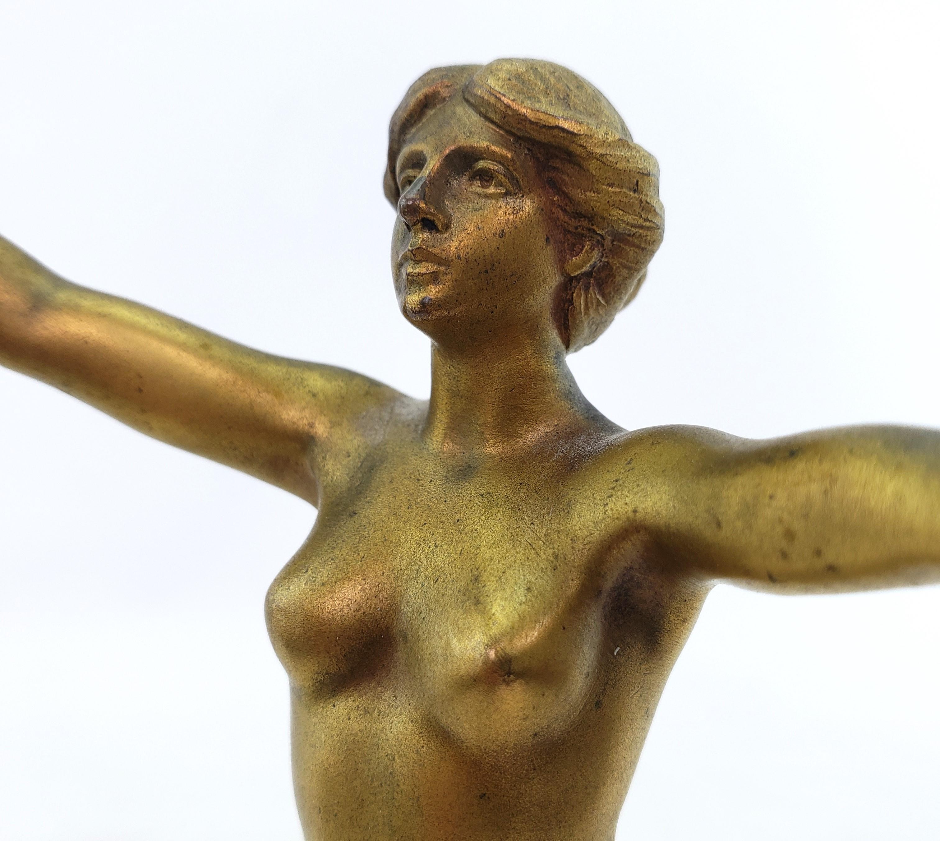 Antique Hans Arnoldt Signed Art Deco Nude Female Bronze Sculpture & Marble Base For Sale 4