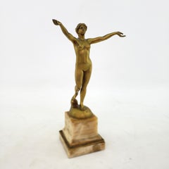 Antique Hans Arnoldt Signed Art Deco Nude Female Bronze Sculpture & Marble Base