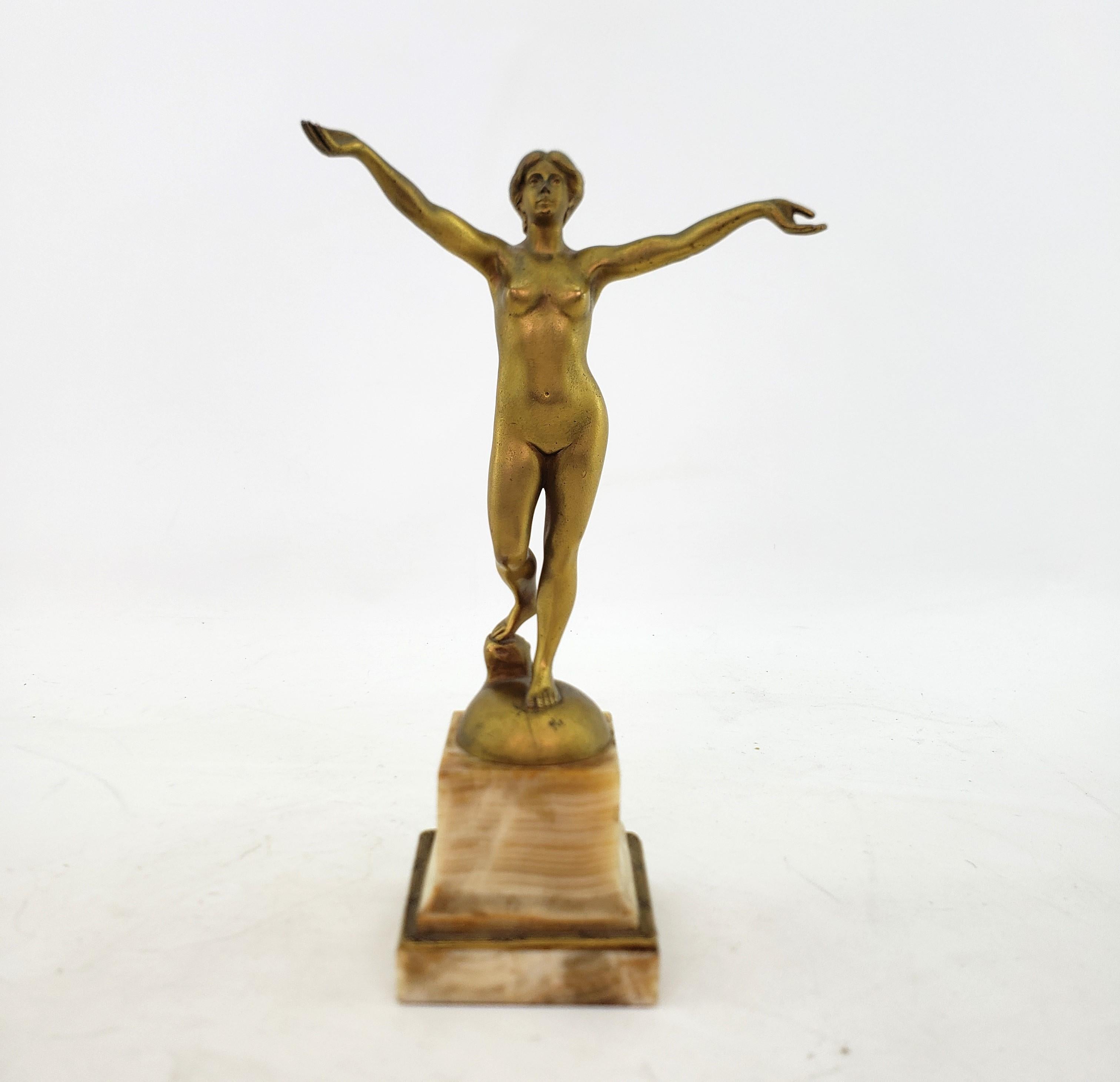 Cast Antique Hans Arnoldt Signed Art Deco Nude Female Bronze Sculpture & Marble Base For Sale