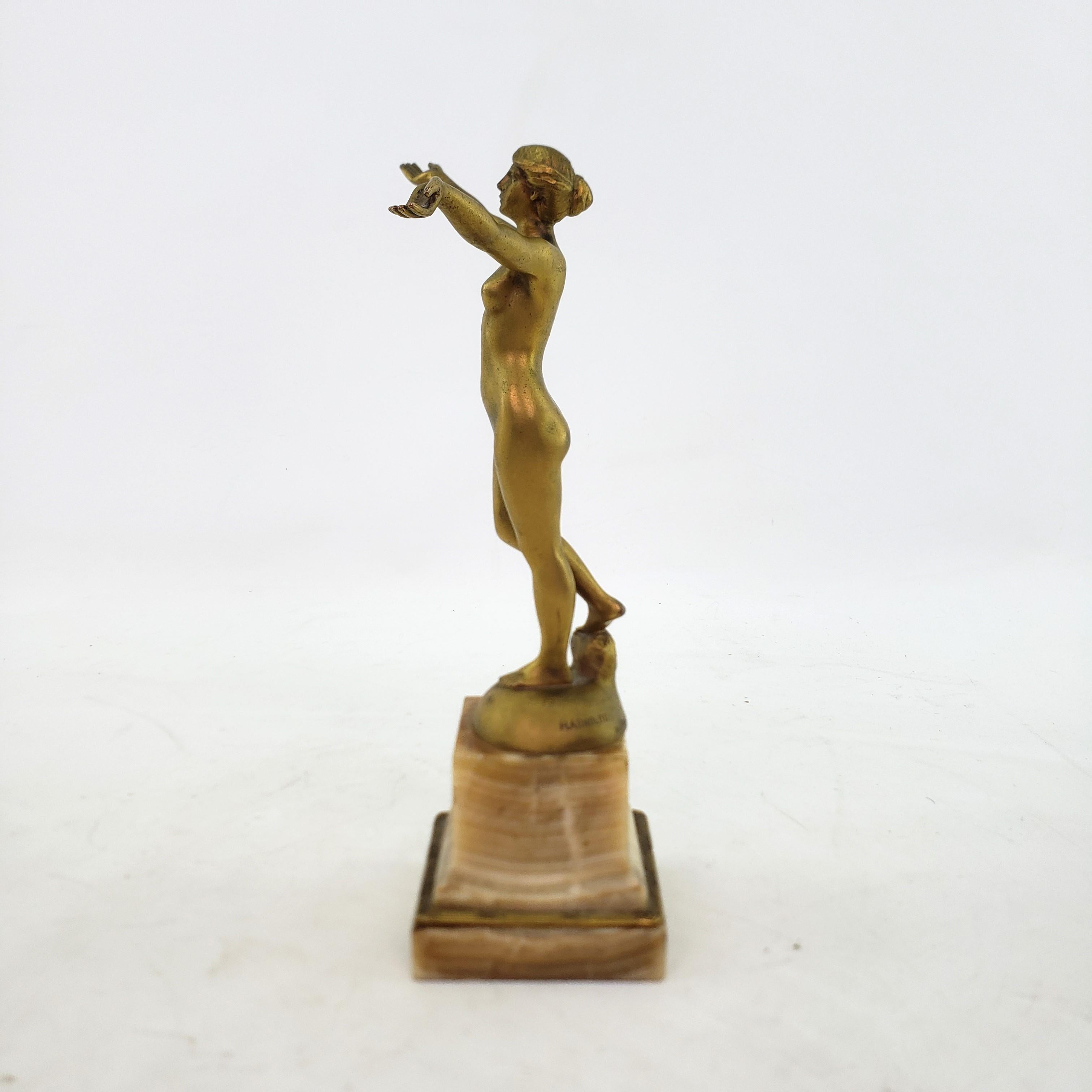 Antique Hans Arnoldt Signed Art Deco Nude Female Bronze Sculpture & Marble Base In Good Condition For Sale In Hamilton, Ontario