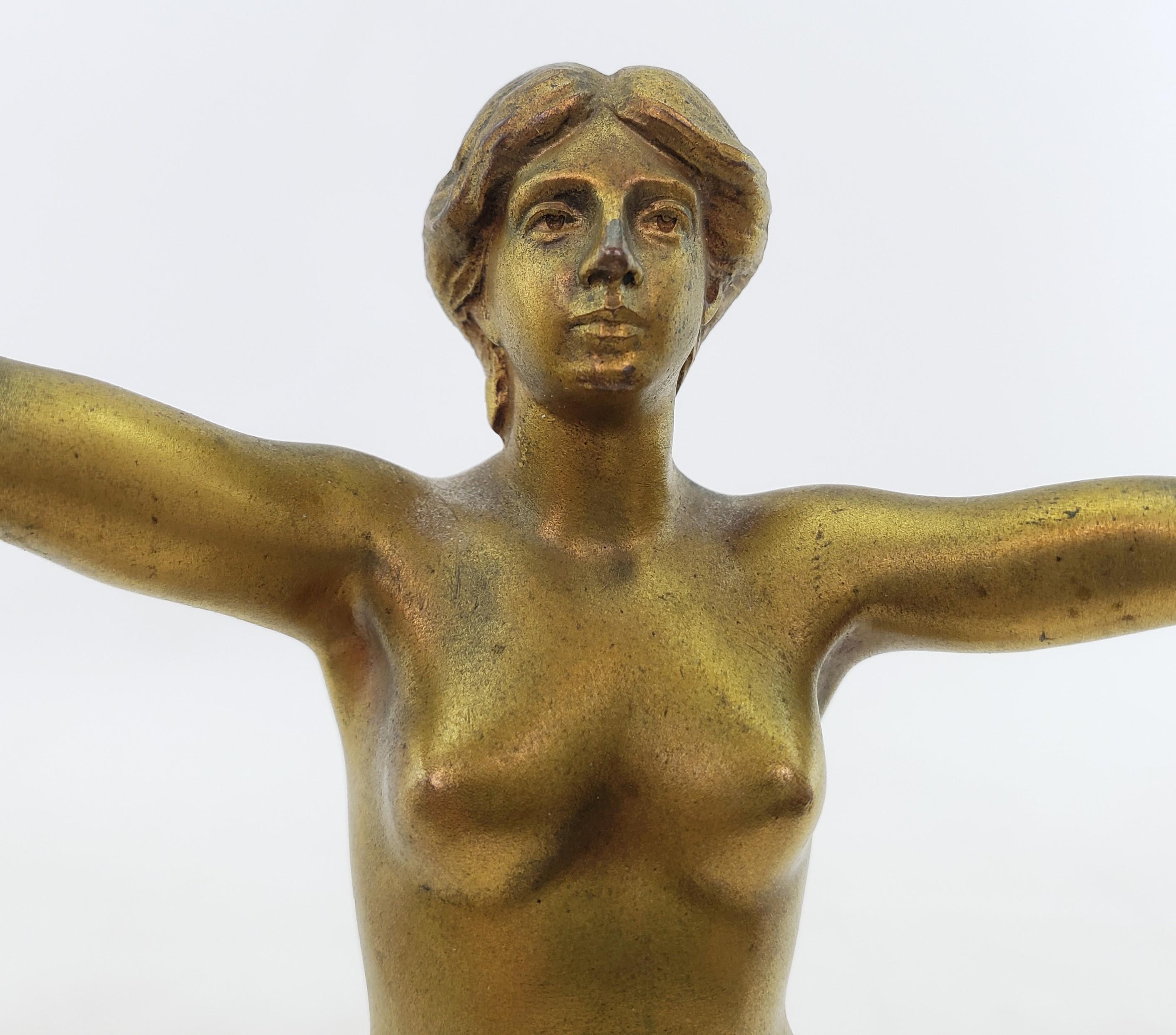 Antique Hans Arnoldt Signed Art Deco Nude Female Bronze Sculpture & Marble Base For Sale 3