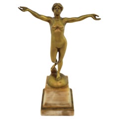 Antiguo Hans Arnoldt Firmado Art Decó Escultura Femenina Desnuda de Bronce y Base de Mármol