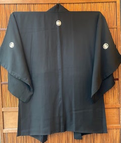 Antique Haori 1950s with Family Crest and with Design of Calabash and Landscape