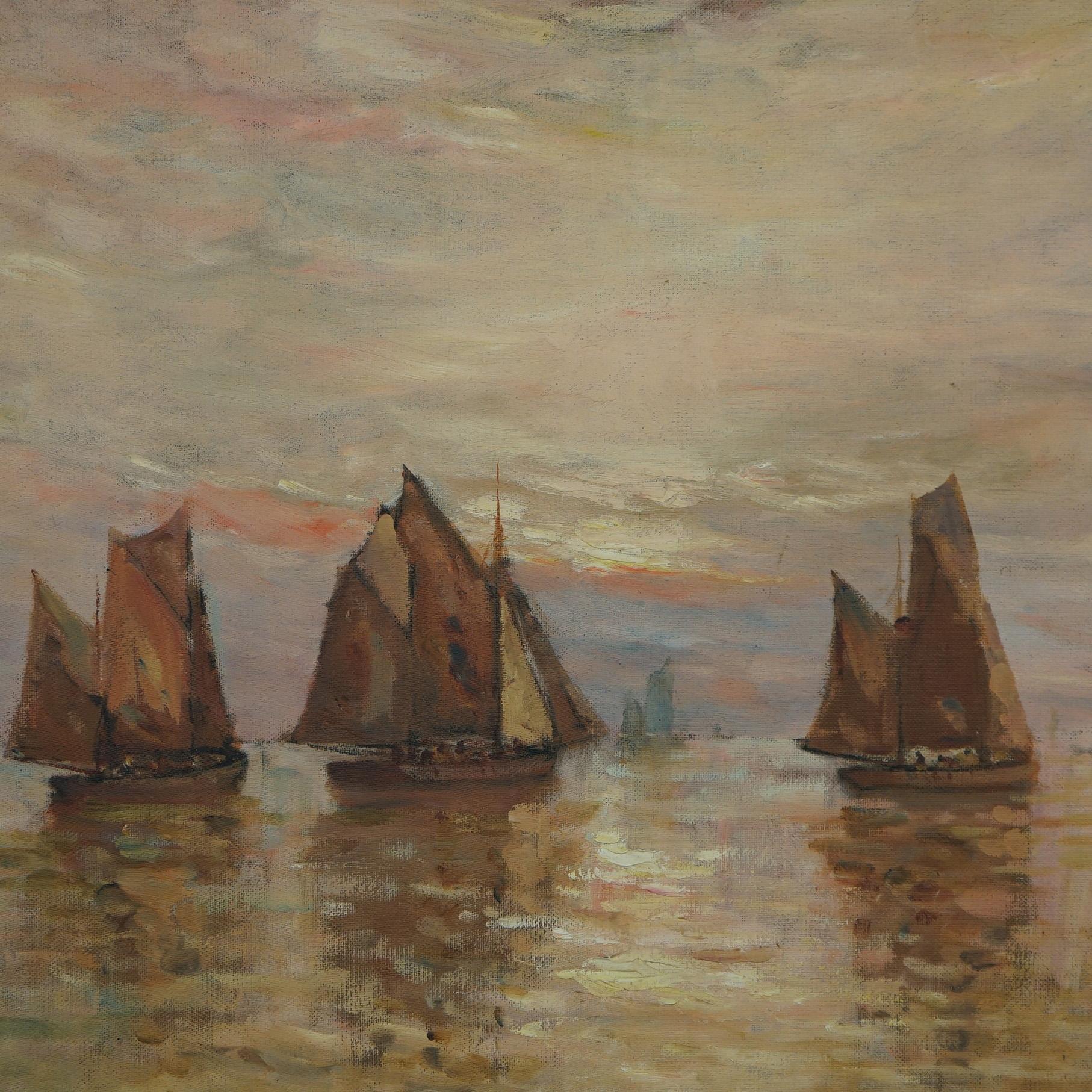 An antique painting offers oil on board New England harbor scene with sailing ships en verso titled 