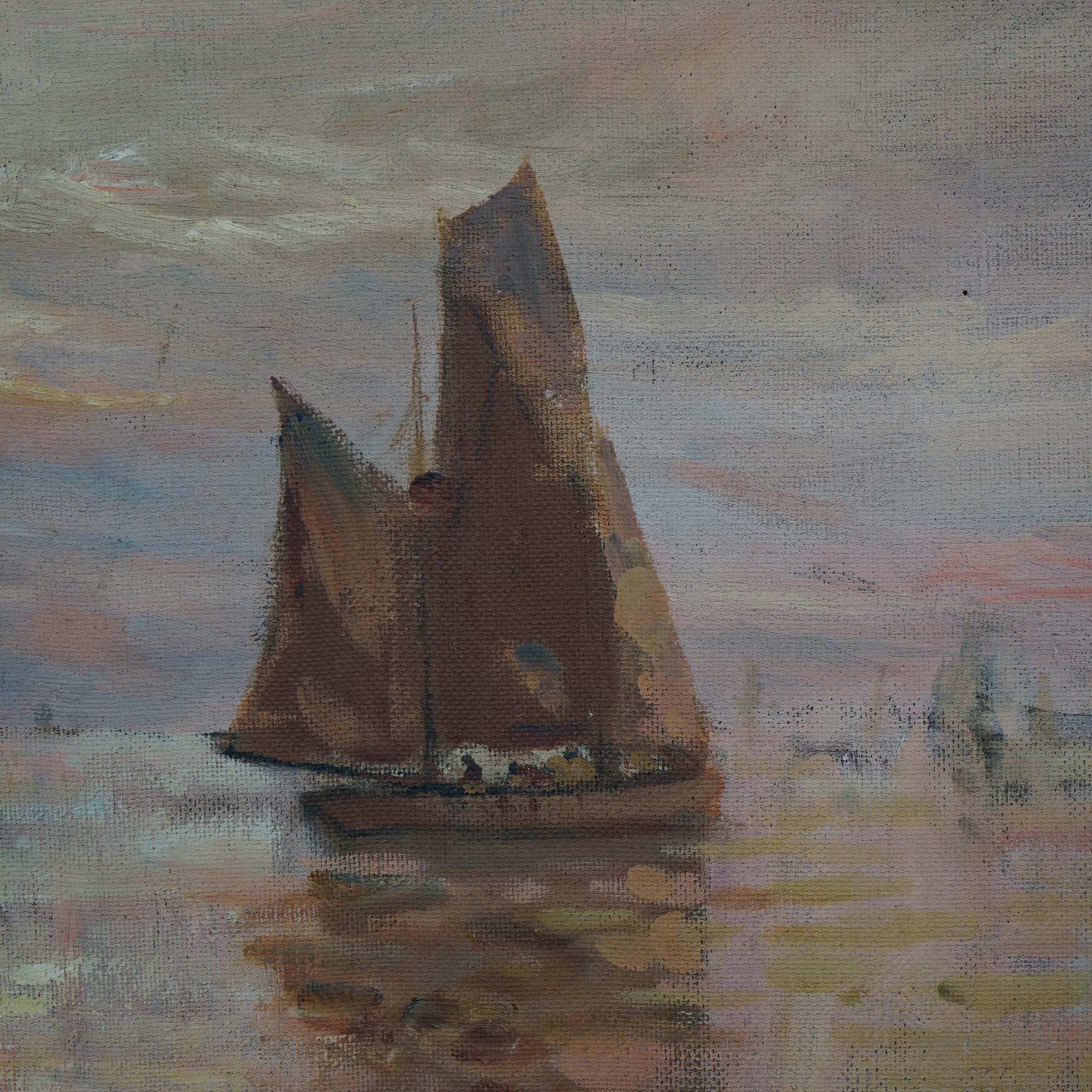 Antique Harbor Scene Painting w/ Ships 
