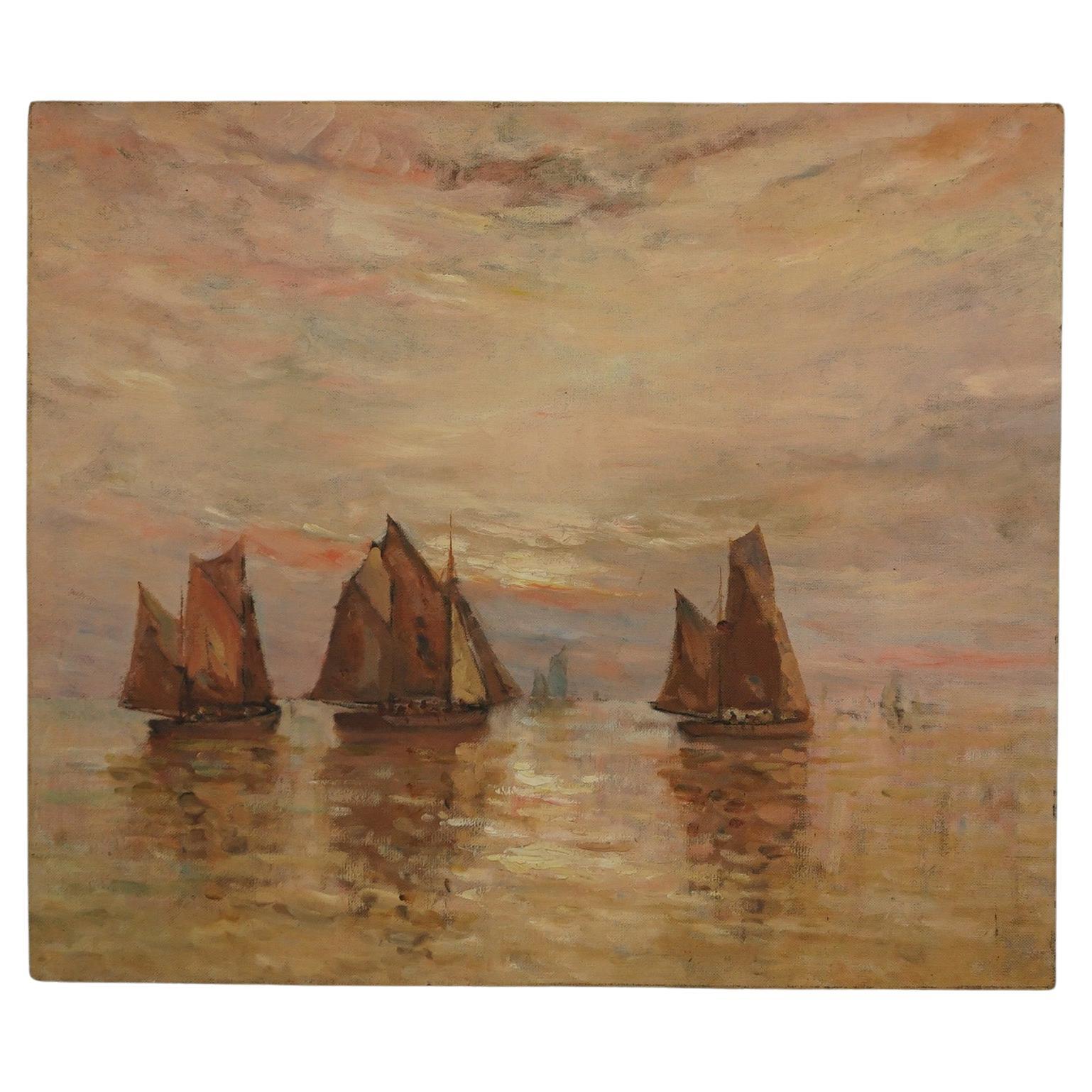 Peinture ancienne d'une scène de port avec des bateaux « Herring Smack Off Yarmouth MA », vers 1930