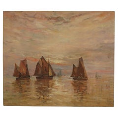 Peinture ancienne d'une scène de port avec des bateaux « Herring Smack Off Yarmouth MA », vers 1930