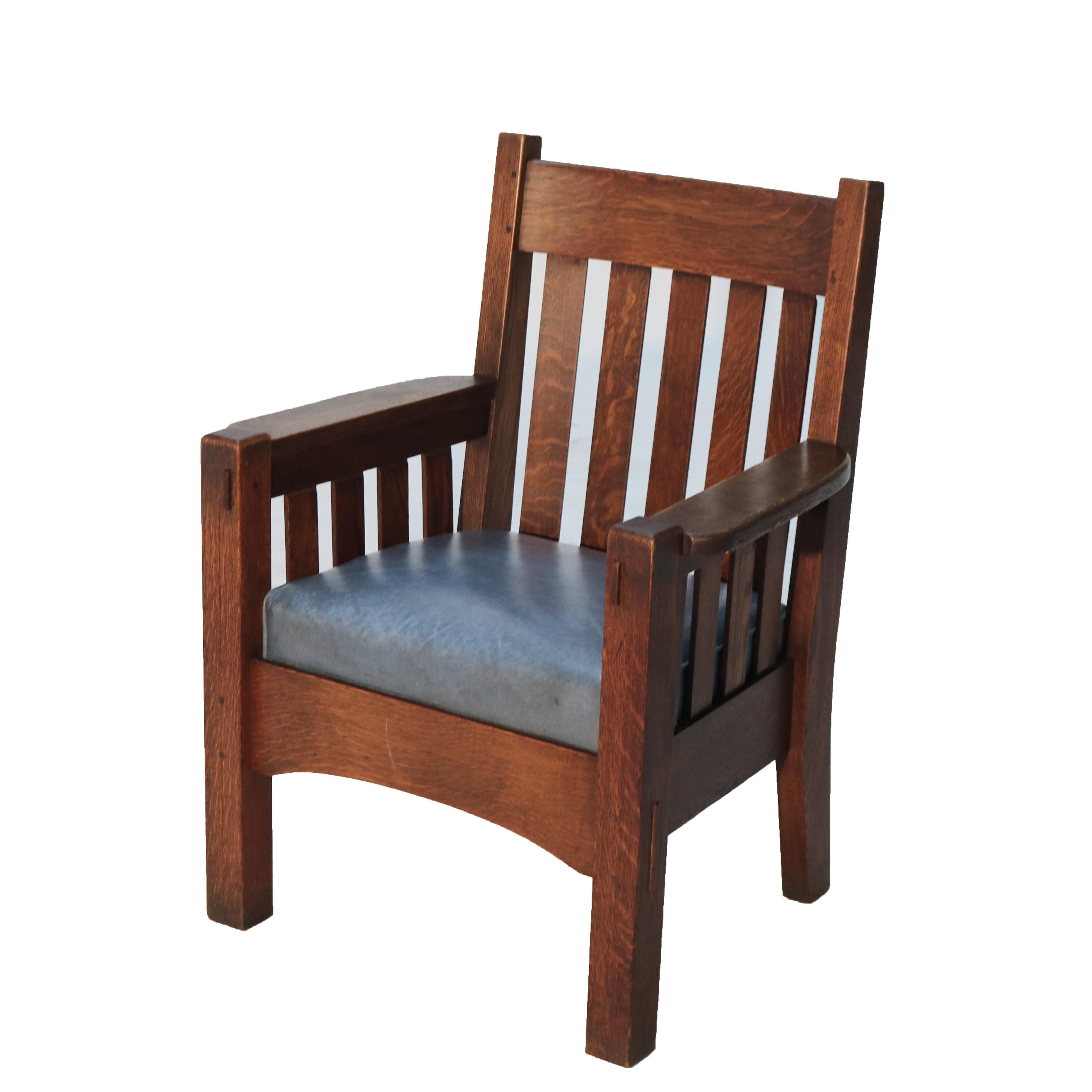 ***Reduced In-House Delivery Rates - Click on “Ask Seller” to Request a Quote***

Antique Arts & Crafts Mission Oak Slat Back Arm Chair with Label 