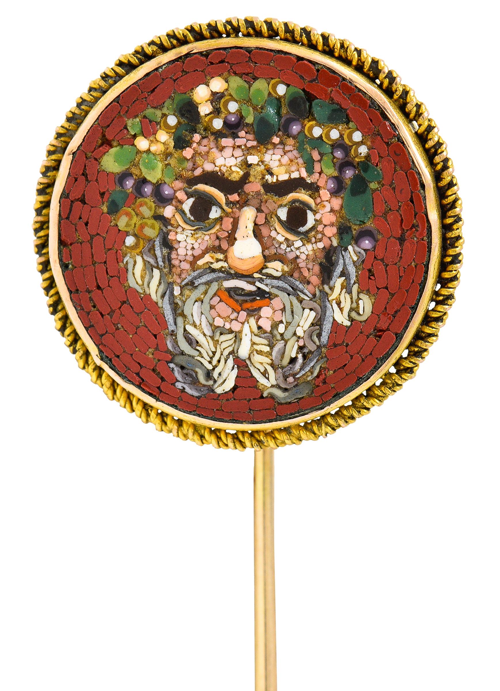 Women's or Men's Antique Hardstone 14 Karat Gold Micro-Mosaic Greek Mythological Stickpin For Sale