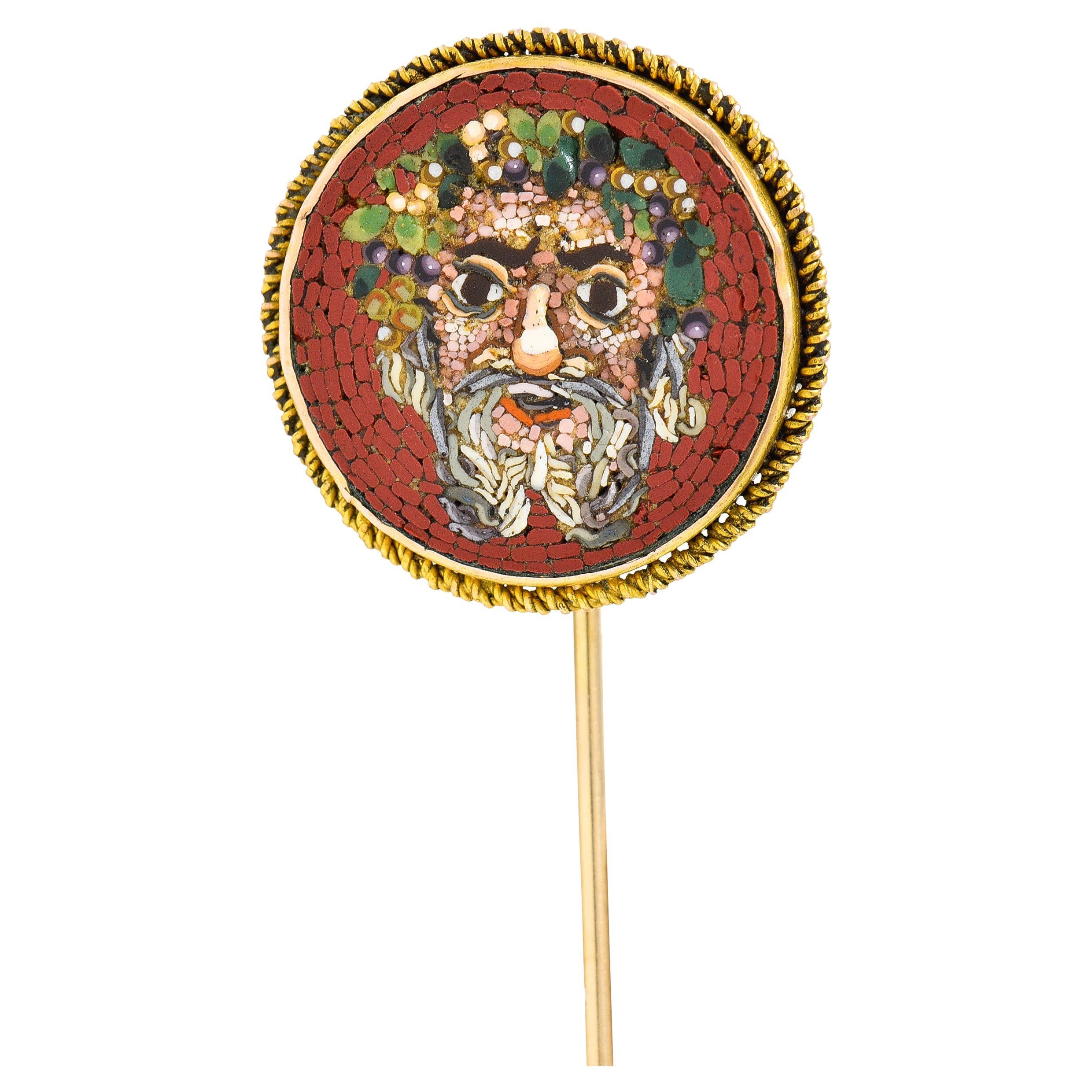 Antique Hardstone 14 Karat Gold Micro-Mosaic Greek Mythological Stickpin For Sale
