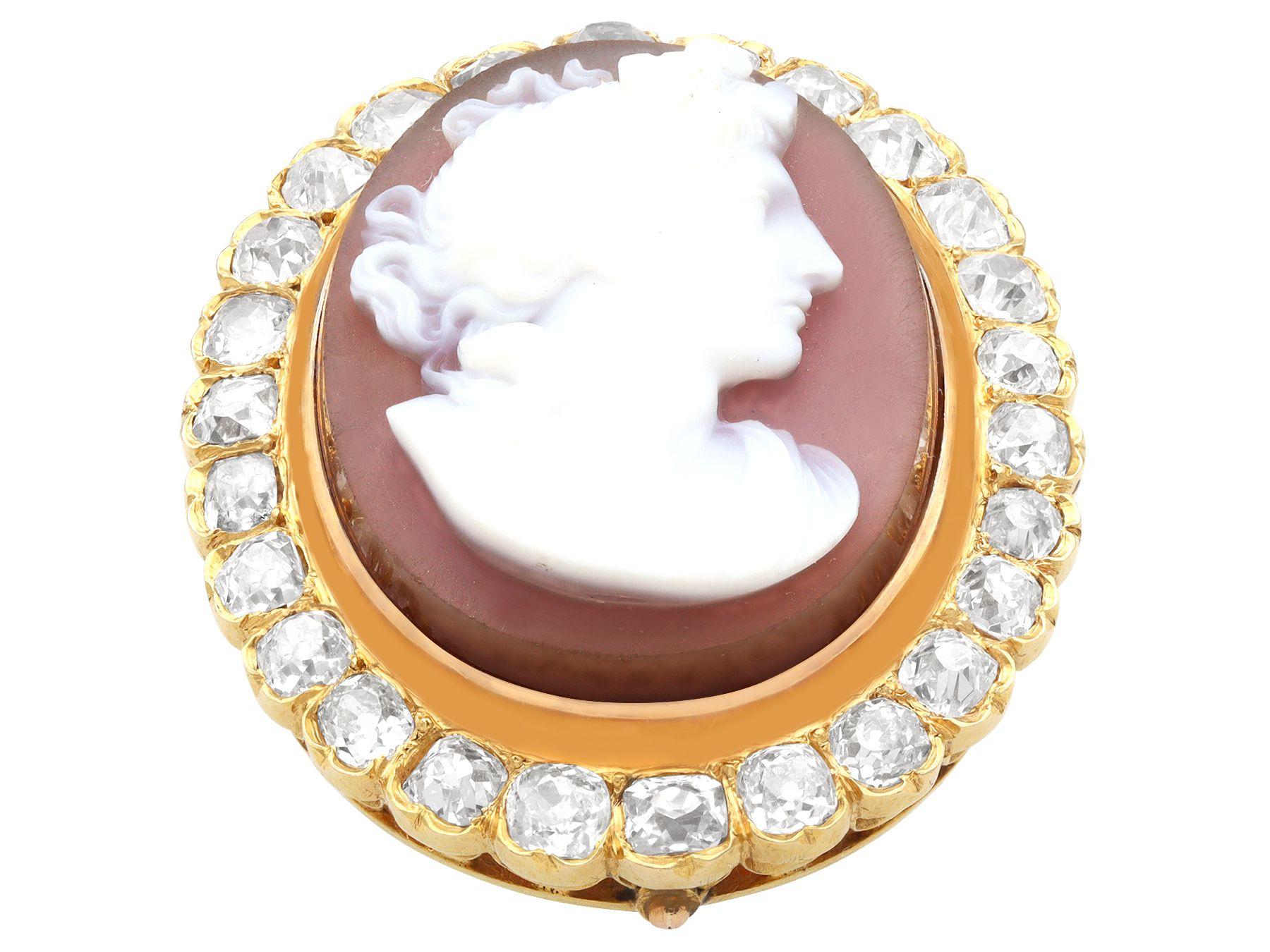 Old European Cut Antique Hardstone and 4.88ct Diamond Yellow Gold Cameo Brooch, circa 1875 For Sale