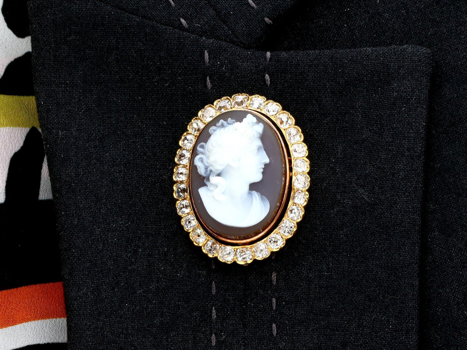 Antique Hardstone and 4.88ct Diamond Yellow Gold Cameo Brooch, circa 1875 For Sale 2