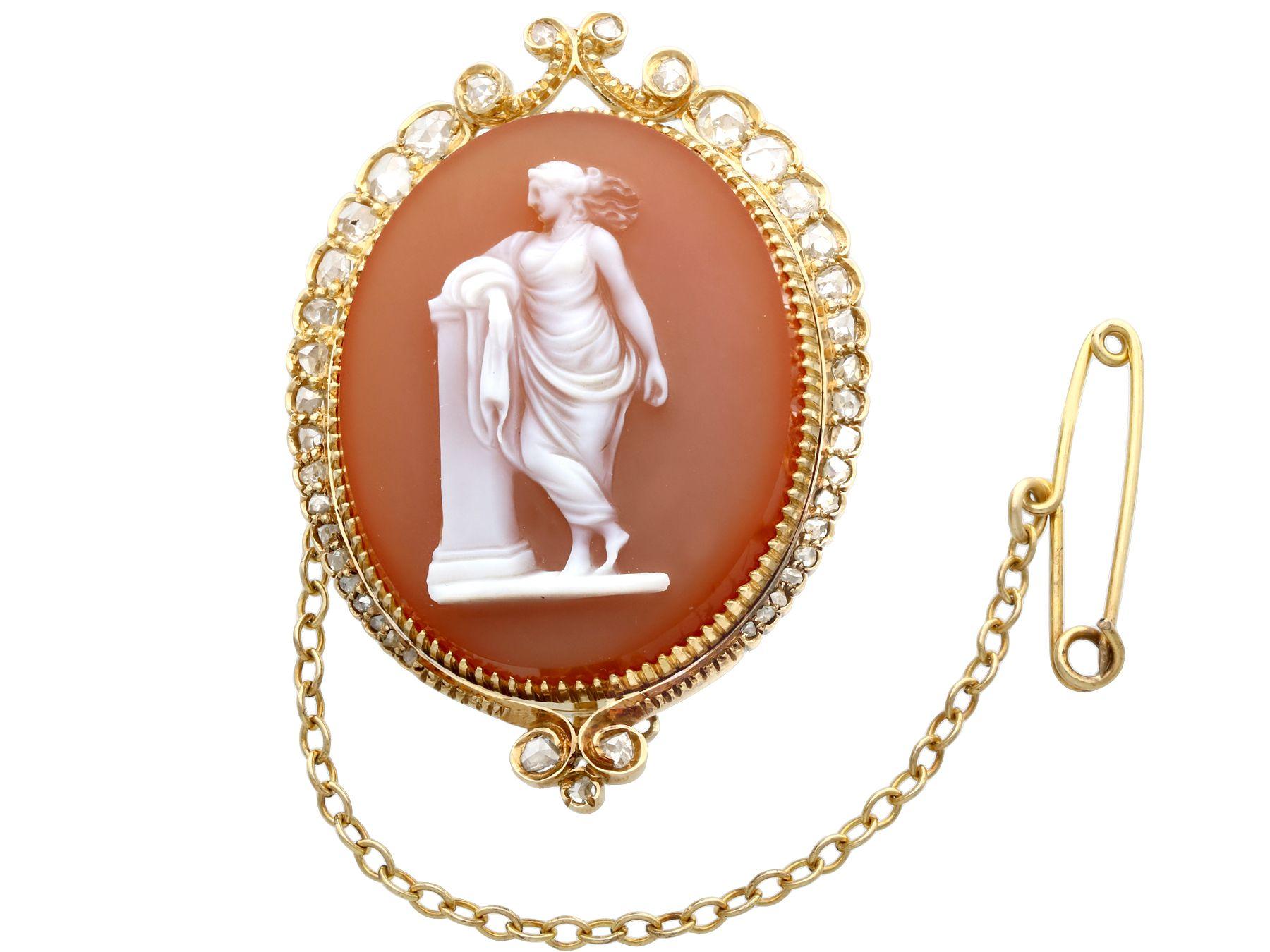 A stunning, fine and impressive antique hardstone and 0.68ct diamond, 18 karat yellow gold cameo brooch; part of our diverse antique jewellery and estate jewelry collections.

This fine and impressive antique brooch with diamonds has been crafted in