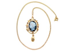 Antique 1880s Hardstone and Seed Pearl Yellow Gold Cameo Pendant