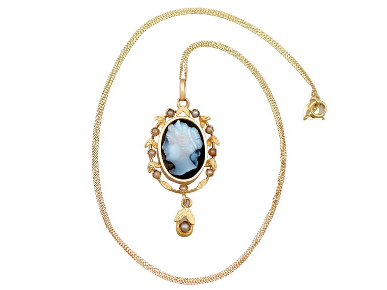 Antique 1880s Hardstone and Seed Pearl Yellow Gold Cameo Pendant For ...