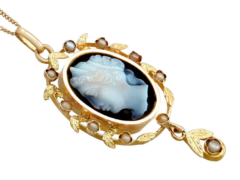 Antique 1880s Hardstone and Seed Pearl Yellow Gold Cameo Pendant For ...